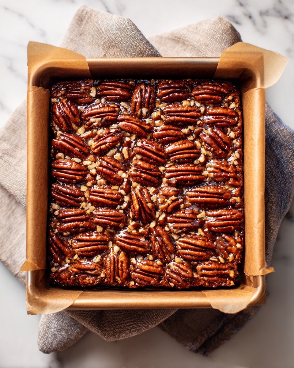 The image shows a square baking pan lined with parchment paper holding a dark brown pecan dessert. The top layer is covered with whole shiny pecans arranged evenly in rows, with smaller chopped nut pieces filling the spaces between them. The texture of the dessert looks sticky and dense, with a glossy finish from a sweet syrup glaze. The pan is placed on a light brown cloth on a white marbled surface. Photo taken with an iphone --ar 4:5 --v 7