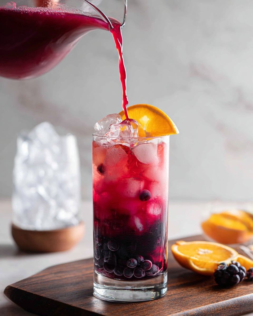 A tall clear glass is filled with three layers visible from top to bottom: the top layer is bright red liquid being poured from a clear pitcher held by a woman's hand, the middle layer has ice cubes and a thin orange slice adding a splash of orange color, and the bottom layer shows dark purple/black berries submerged in the red liquid. The glass is set on a dark wooden surface with a slightly blurred tall cup full of ice cubes in the background. The overall tone is fresh and vibrant, with the colors standing out against the soft white background with a white marbled texture. photo taken with an iphone --ar 4:5 --v 7