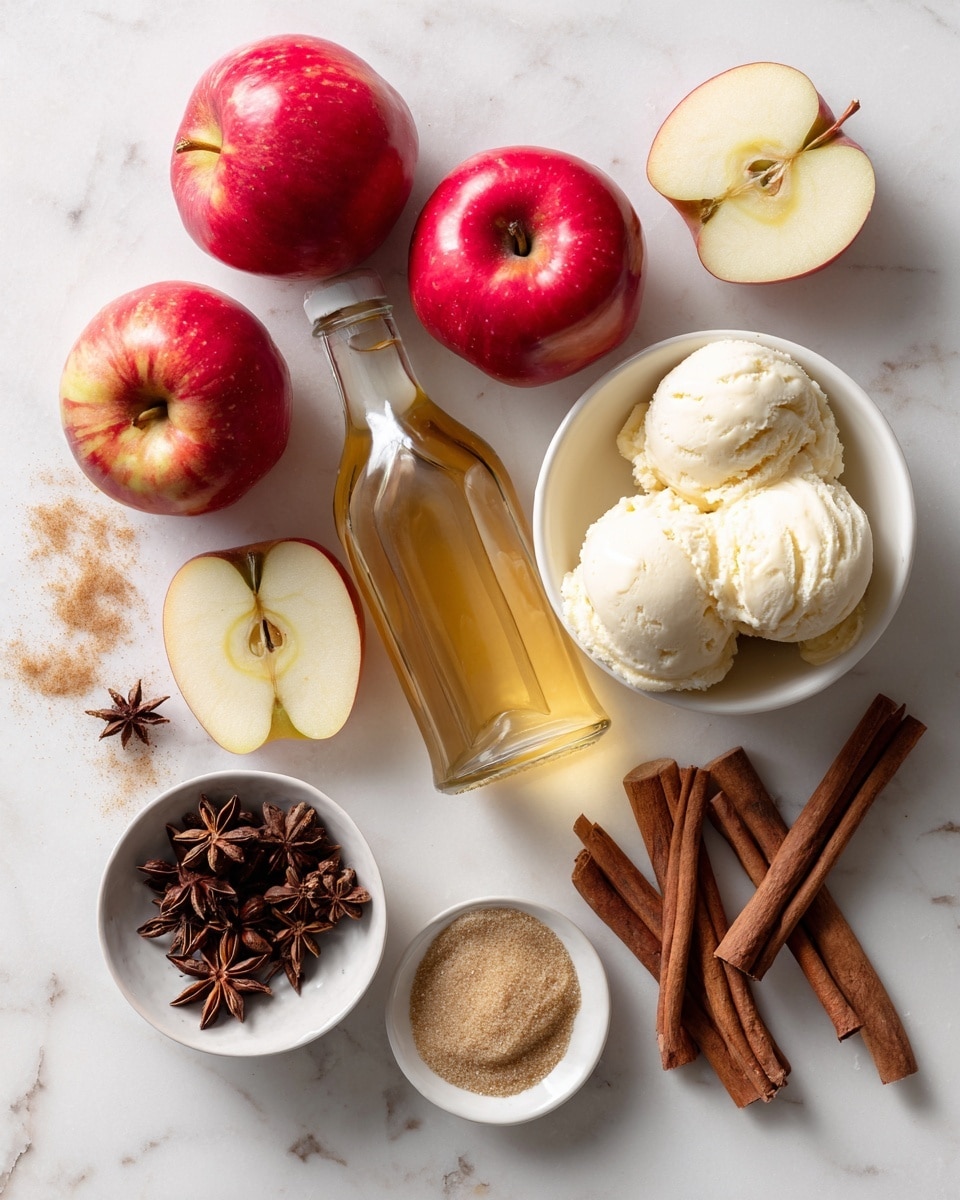 The image shows a bright collection of fresh and natural ingredients arranged carefully on a white marbled surface. There are three whole red apples with shiny skins, two sets of apple slices positioned near the middle and right side. In the center, a clear glass bottle filled with golden apple cider stands tall. To the right, a white bowl holds scoops of creamy vanilla bean ice cream with a smooth texture. There are several brown cinnamon sticks arranged in small groups near the top right and bottom right, paired with a small white bowl of fine cinnamon sugar beside them. Near the center top, a white bowl filled with dark brown star anise is placed, with some loose star anise scattered nearby. The whole arrangement is neat and colorful, showcasing warm autumn flavors. Photo taken with an iphone --ar 4:5 --v 7