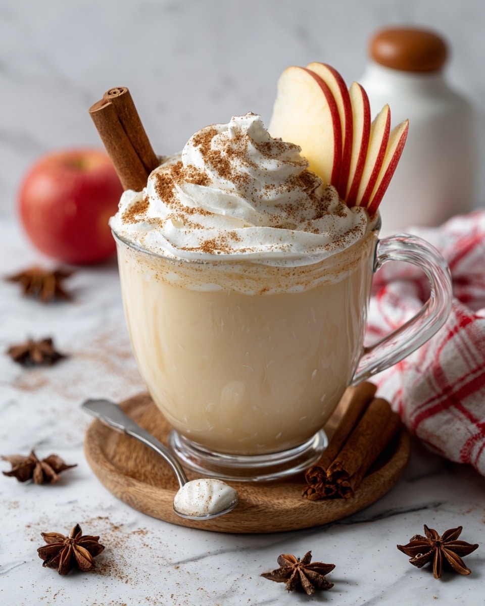 A clear glass cup filled with a light cream-colored creamy drink topped with a thick layer of white whipped cream sprinkled with brown cinnamon powder. On the left side, inside the cup, stands a brown cinnamon stick upright. On the right side, five thin apple slices with red skin and yellow flesh fan out on top, slightly resting on the cream. A silver spoon holds a scoop of the whipped topping above the cup. The glass sits on a round wooden coaster, placed on a white marbled surface. Around the glass, there are scattered star anise, cinnamon sticks, apple slices, and a white ceramic container with a wooden knob in the background, with a red and white striped cloth to the right. Photo taken with an iphone --ar 4:5 --v 7