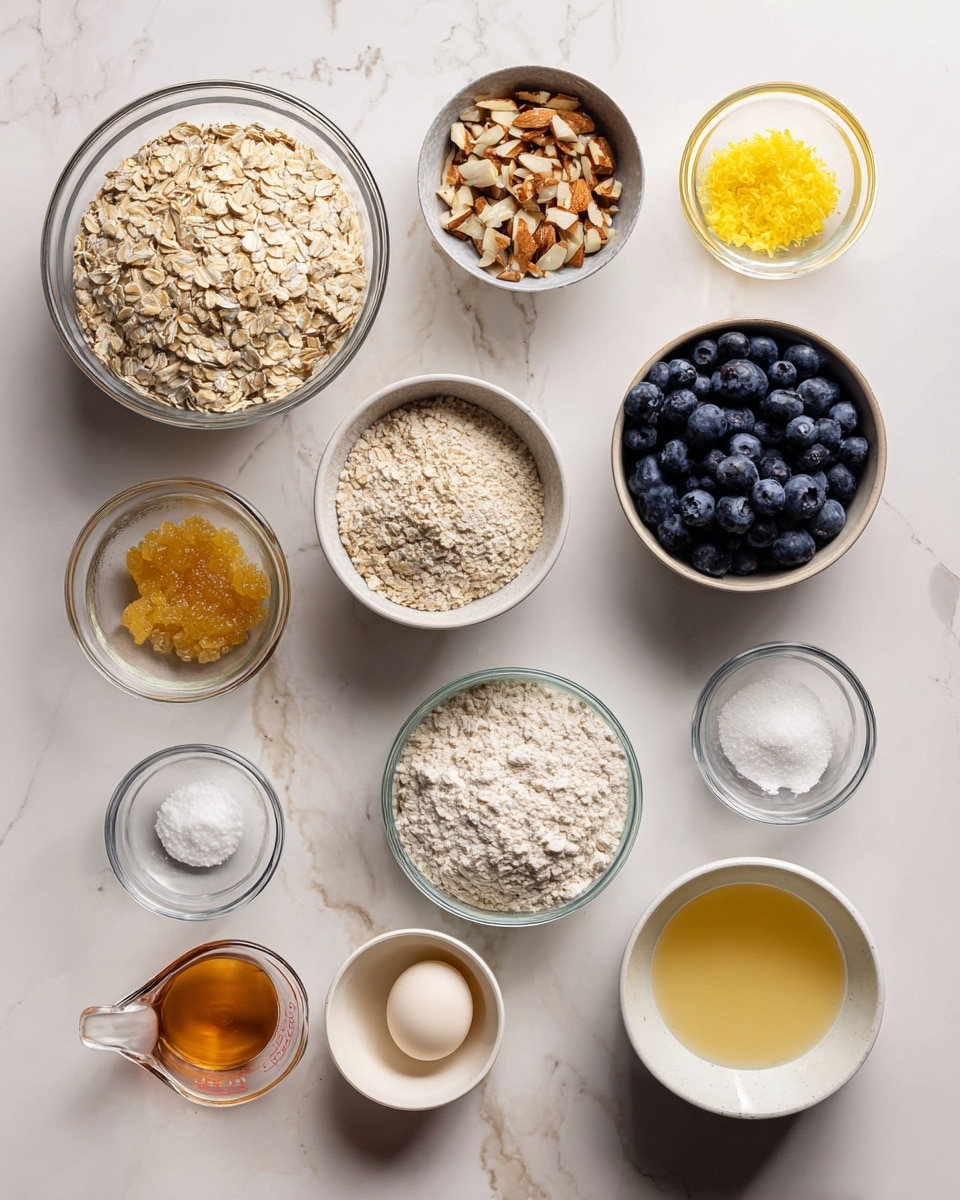 The image shows a white marbled surface with 12 clear glass bowls and one small glass measuring cup arranged neatly, each holding different ingredients. Starting from the top left, there is a large bowl filled with light beige rolled oats, next to it a smaller bowl with chopped almonds showing brown and white colors. Beside that is a small bowl with bright yellow lemon zest. To the right is a medium bowl full of dark blue blueberries. Below these, from left to right, there is a small bowl with granulated white salt, another with white baking powder, and a third small bowl with fine white powder, likely baking soda. Next is a tiny bowl with a beige liquid, probably vanilla extract. At the bottom left is a small glass measuring cup filled with clear, colorless liquid (likely water), next to it a small bowl with a light yellowish liquid, possibly egg whites. Beside that is a small bowl with a whole white egg, and to the right a small bowl filled with light golden applesauce. In the center is a small bowl with medium amber honey. The scene is clean, bright, and well-organized, placed on a white marbled surface photo taken with an iphone --ar 4:5 --v 7