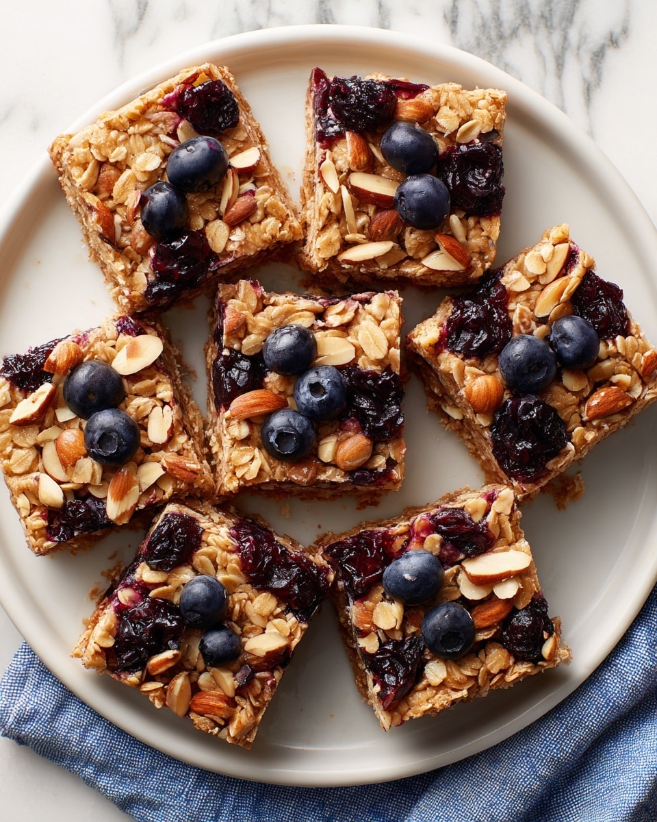 Six square oatmeal bars each topped with whole blueberries and chopped almonds are arranged on a white plate. The bars have a textured golden-brown base with visible oats and are studded with dark purple blueberries and reddish-brown almond pieces on top. The plate sits on a white marbled surface with a hint of a blue and white cloth visible at the edge. photo taken with an iphone --ar 4:5 --v 7