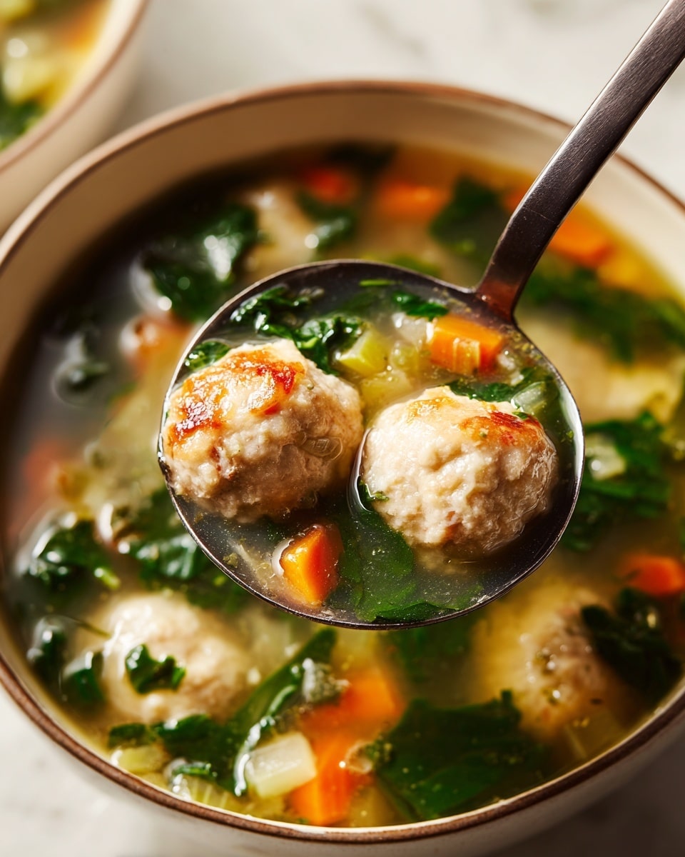 A close-up view of a spoonful of soup with two large pale beige meatballs in the center, surrounded by small pieces of orange carrot, light yellow celery, white onion, and dark green spinach leaves floating in clear broth. The spoon is dark-colored and is held over a pot filled with similar ingredients. The whole scene sits on a white marbled surface with soft lighting, showing the warm, fresh, and hearty texture of the soup. Photo taken with an iphone --ar 4:5 --v 7