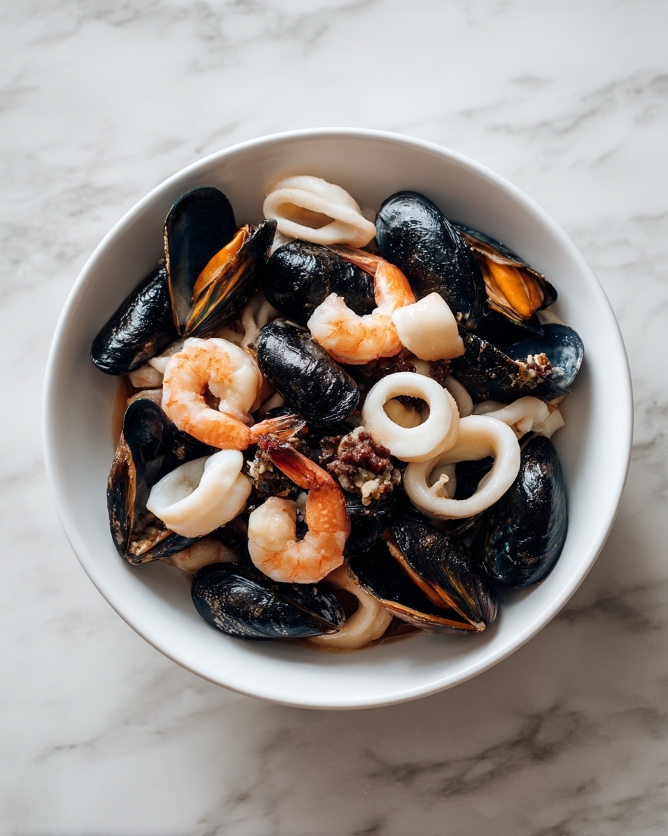The image shows a white bowl filled with mixed seafood on a white marbled surface. The dish has three main layers: the bottom layer is composed of whole black mussels with shiny shells, mostly open revealing orange meat inside. The middle layer includes pieces of white squid cut into thick rings and chunks, providing a smooth texture. The top layer is scattered with pale pink shrimps with curled bodies, adding a soft contrast. The seafood fills the bowl fully, with the colors mainly black, white, and pale pink, showing fresh and glossy textures. Photo taken with an iphone --ar 4:5 --v 7