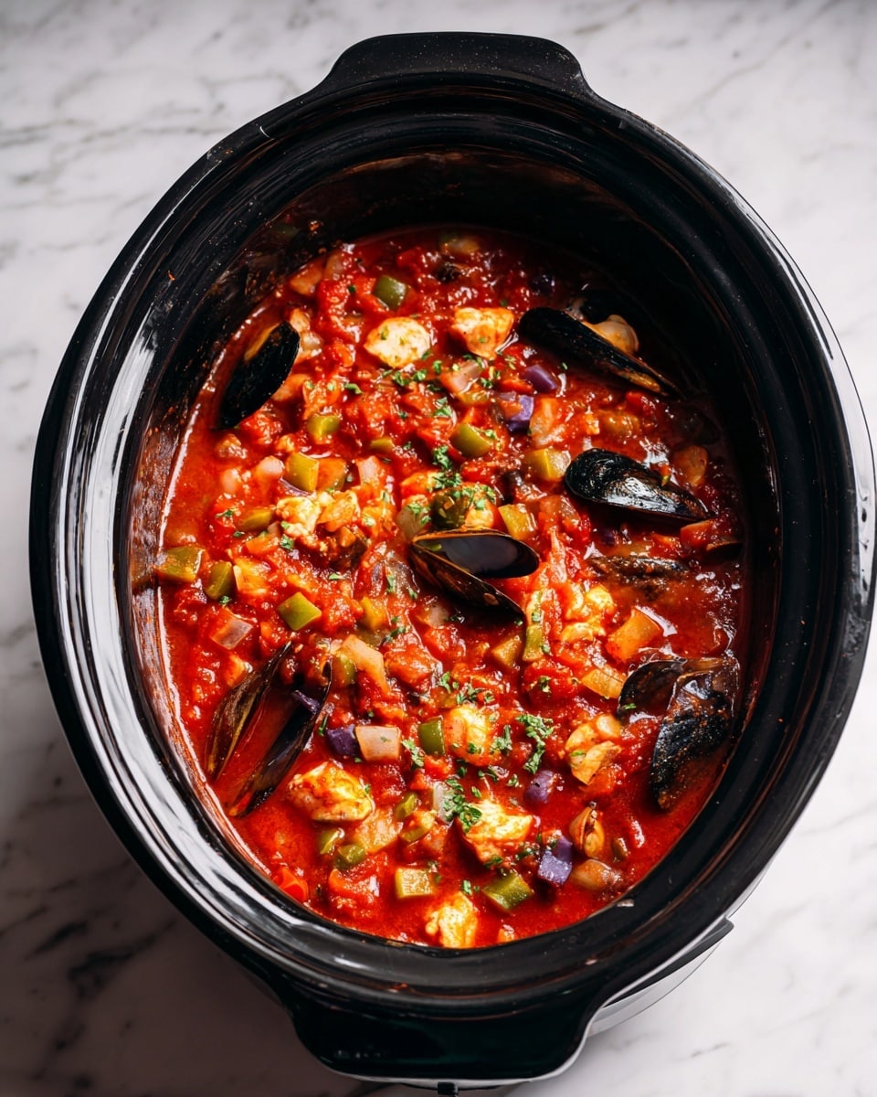 A large black slow cooker filled with a chunky red tomato sauce mixed with pieces of white seafood, including shrimp, mussels with black shells, and small fish chunks, all simmering together. The sauce contains diced green and red vegetables, adding color contrast against the rich red base. The edges of the cooker show some splashes of sauce, with steam rising, indicating the dish is hot and freshly cooked. The cooker sits on a white marbled surface. photo taken with an iphone --ar 4:5 --v 7