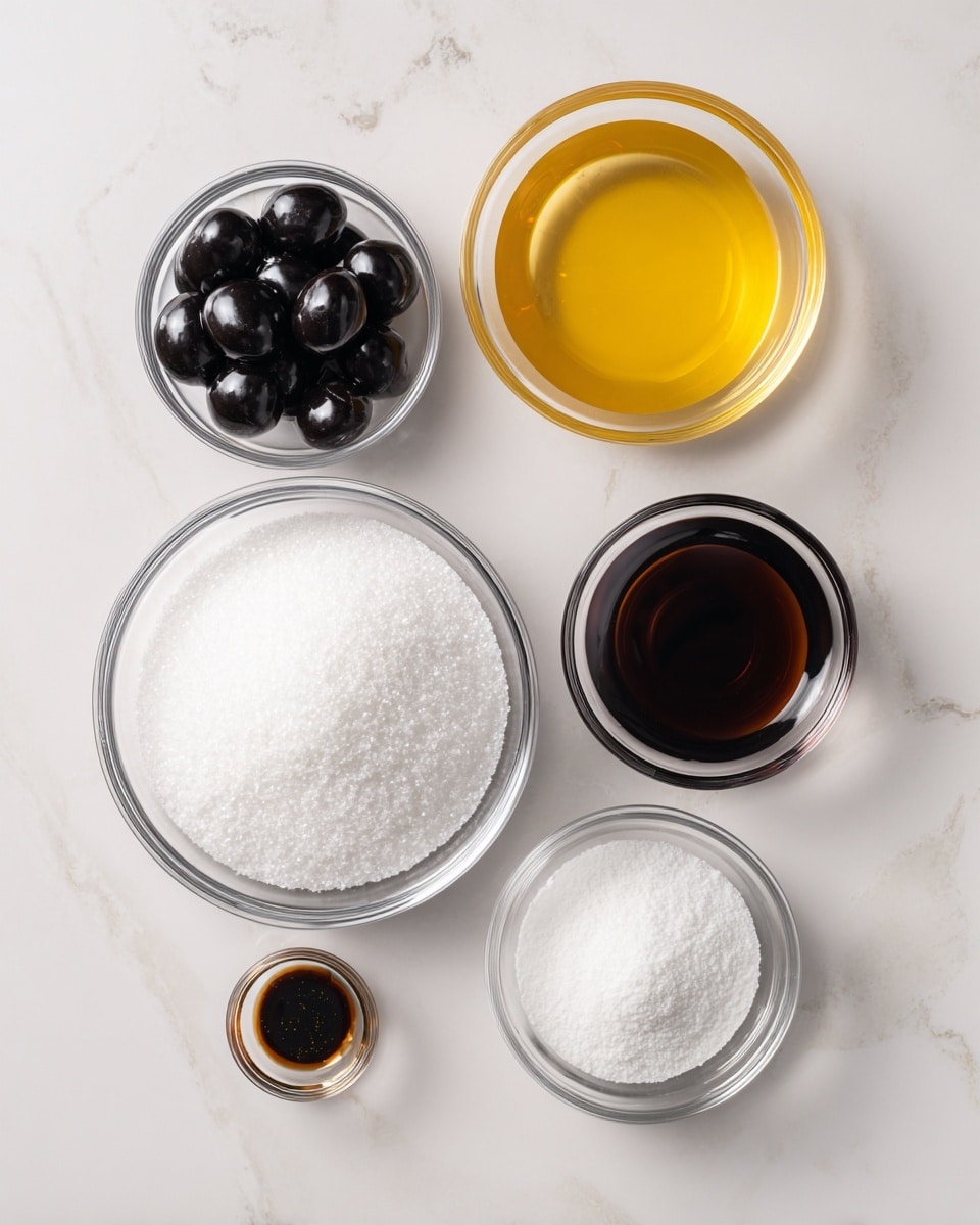 A top-down view shows five clear glass bowls on a white marbled surface, each with a different ingredient. The top left bowl holds dark black candy melts with a smooth, shiny texture, close to round shape. To its right, a larger bowl contains light yellow egg whites, slightly translucent and glossy. Below the black candy melts, a big bowl is full of fine white granulated sugar with a powdery texture. To the right of that, a smaller bowl contains dark amber vanilla extract with a smooth surface. The smallest bowl at the bottom right has white cream of tartar powder with a soft, finely ground texture. Each bowl stands out against the bright, clean background. photo taken with an iphone --ar 4:5 --v 7