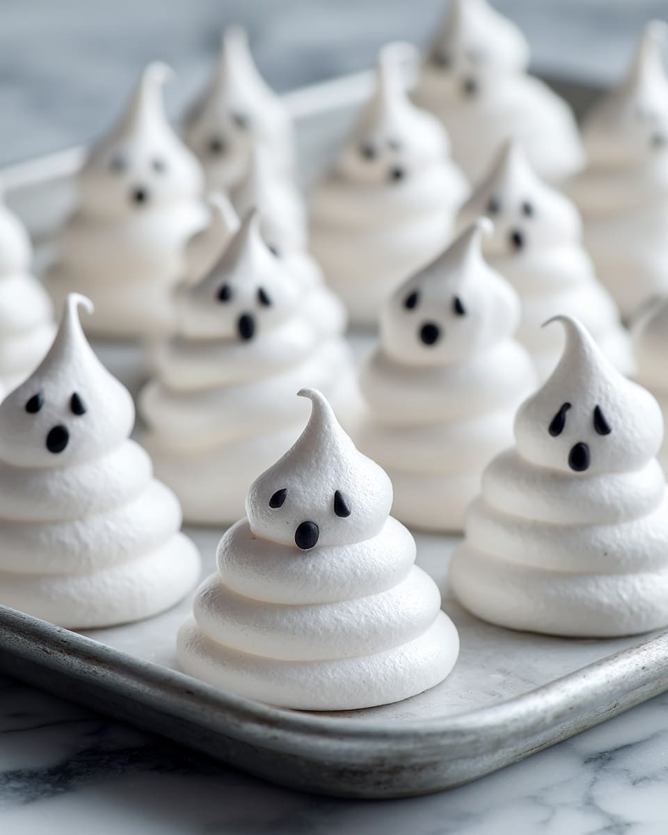 The image shows multiple small ghost-shaped meringue cookies arranged on a metal baking tray placed on a white marbled surface. Each cookie is cone-shaped with a smooth, shiny white texture and slight horizontal ridges from piping. On the front of each ghost, two small oval black eyes and a small oval open mouth made from black decoration create a cute, simple spooky face. The ghosts are spread evenly across the tray, and the focus is on the nearest ghosts in the foreground with a soft blur in the background. photo taken with an iphone --ar 4:5 --v 7
