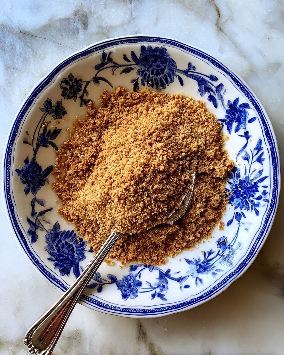 A close-up view of a single layer of fine, golden-brown crumbly texture filling a inside of a white bowl decorated with blue floral patterns around the rim; a silver spoon rests partially buried in the crumbs on the left side. The bowl is placed on a white marbled surface. photo taken with an iphone --ar 4:5 --v 7