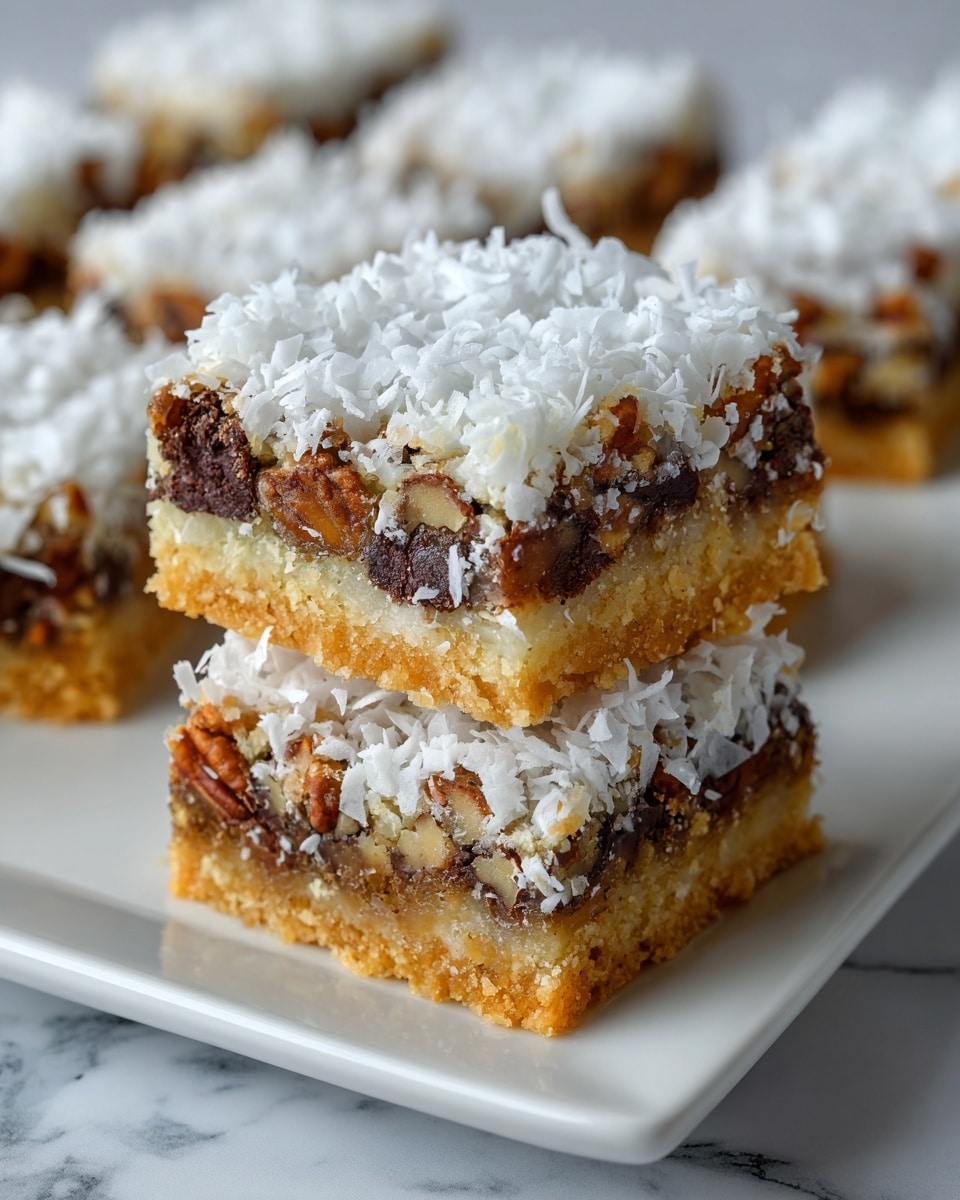 The image shows two stacked dessert bars on a white rectangular plate placed on a surface with a white marbled texture. Each bar has three visible layers: the bottom layer is a thick, golden brown crumbly crust; the middle layer contains dark chocolate chunks mixed with pecan pieces, creating a textured mix of dark brown and light brown colors; the top layer is a generous spread of white shredded coconut covering the entire bar, giving a rough and flaky texture. The background has more bars out of focus, showing the same multi-layered details. Photo taken with an iphone --ar 4:5 --v 7