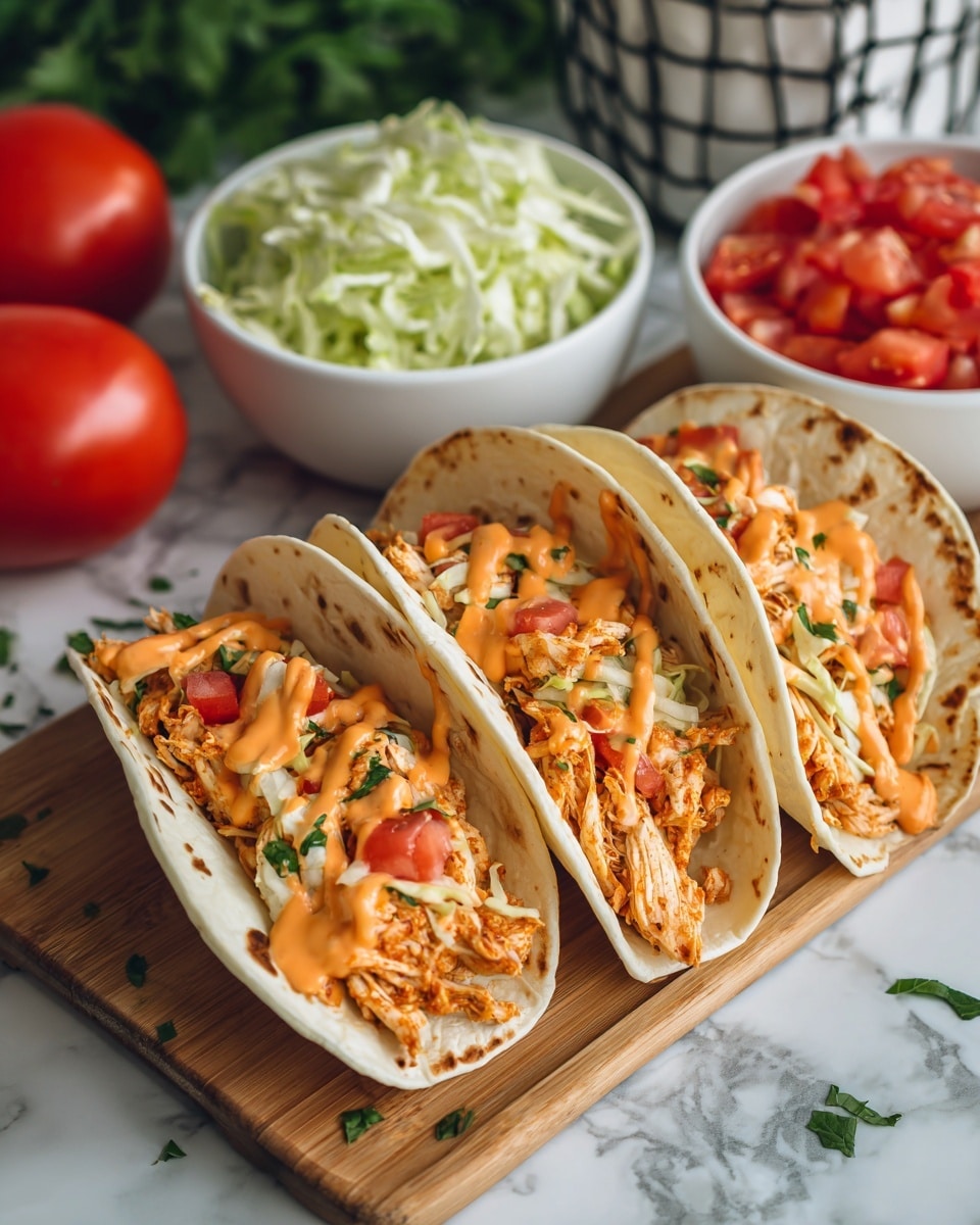 Three soft flour tortillas stand side by side on a wooden tray, each filled with shredded, seasoned chicken mixed with small pieces of red tomato and green herbs, topped with a light drizzle of melted orange cheese sauce that flows slightly over the edge of the front taco. On either side of the tacos are two white bowls, one filled with shredded light green lettuce and the other with diced red tomatoes. The tray rests on a white marbled surface with a few green herb leaves scattered nearby, and the background includes whole red tomatoes and a white container with a black grid pattern. Photo taken with an iphone --ar 4:5 --v 7