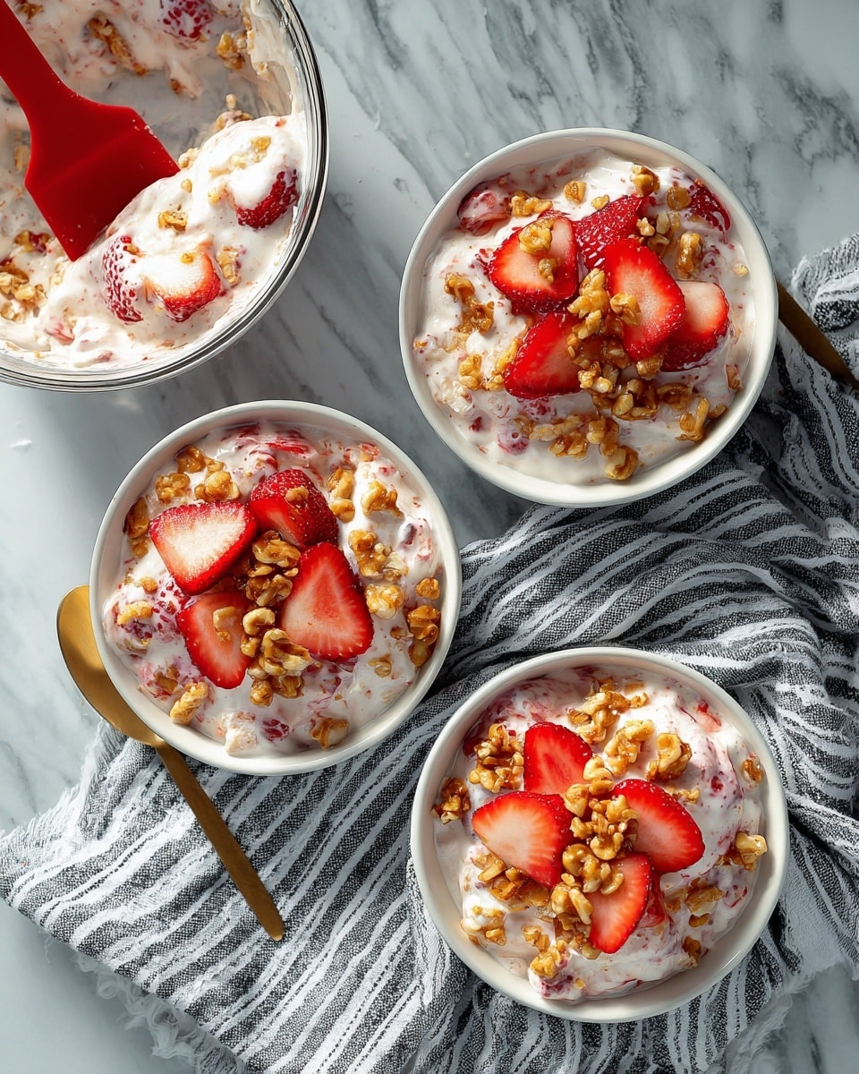Three white bowls filled with a creamy dessert mix placed on a white marbled textured surface covered with a gray and white striped cloth. Each bowl holds a textured creamy layer mixed with small nuts and fresh bright red strawberry slices, creating a mix of white cream and red fruit. The top is decorated with clustered golden-brown candied nuts that add a crunchy texture. In the background, a clear glass bowl contains more of the creamy mixture with a red spatula resting inside. The overall look is fresh and inviting with a mix of soft cream, juicy fruit, and crunchy nuts. photo taken with an iphone --ar 4:5 --v 7