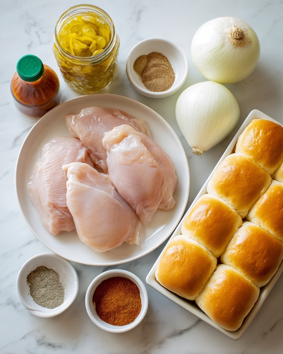 The image shows a top view of several raw chicken breasts placed on a white plate in the center, next to a clear jar of bright yellow pickles on the left and a small glass bottle of BBQ sauce with a green cap below it. To the right of the chicken, there is a group of 12 golden brown Hawaiian dinner rolls arranged in a white baking tray, and a whole white onion placed near the top right corner. Above the chicken, three small white bowls hold seasonings: one with a mix of sea salt and black pepper, one with chili powder, and one bowl that is empty but visible. All items sit on a white marbled surface with bright lighting. Photo taken with an iphone --ar 4:5 --v 7