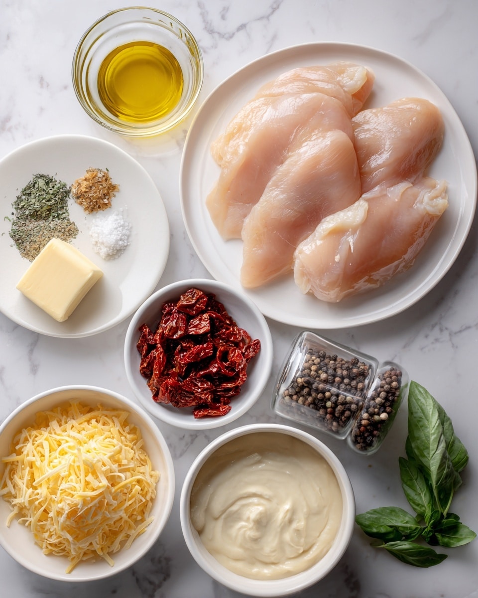 The image shows raw chicken fillets on a white plate in the top right, with a small glass bowl of clear oil to the left. Below, there is a white plate holding three small piles of dry herbs and spices along with a pad of butter. Nearby, a small white bowl is filled with sun-dried tomato pieces. A white kitchen bowl below contains a creamy white sauce with a smooth texture. To the right side, there is a transparent pepper grinder filled with whole black peppercorns, and a white bowl with a light brown liquid sauce. At the bottom, another small white bowl contains shredded yellow cheese, and fresh green basil leaves are placed near the bottom left corner. The background is a white marbled surface. Photo taken with an iphone --ar 4:5 --v 7