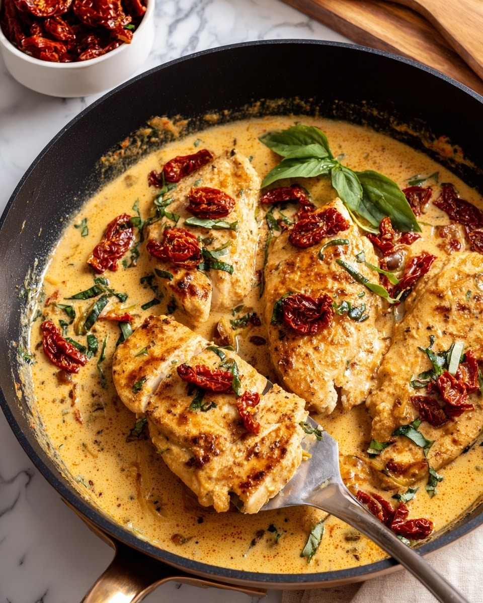 A black skillet filled with creamy orange sauce as the base layer, with several light golden pieces of cooked chicken sitting on top of the sauce. Scattered throughout are bright red sun-dried tomatoes and fresh green basil leaves, some placed on top of the chicken and some floating in the sauce. A large metal spatula lifts one piece of chicken, revealing the sauce’s thick texture beneath. The skillet rests on a white marbled surface, with a white bowl filled with sun-dried tomatoes and a wooden cutting board blurred in the background. photo taken with an iphone --ar 4:5 --v 7