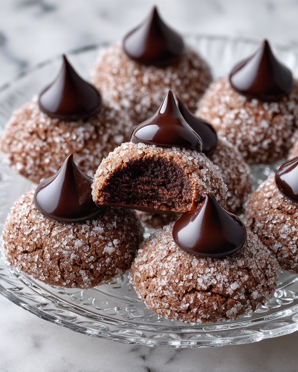 This image shows a clear glass plate holding seven round chocolate cookies. Each cookie has a rough, sugary coating on the outside, giving a crunchy texture. On top of each cookie is a smooth, shiny, dark chocolate drop with a pointed tip. The cookie in the front center has a bite taken out of it, showing a dense, soft, dark brown inside. The plate sits on a white marbled surface. photo taken with an iphone --ar 4:5 --v 7