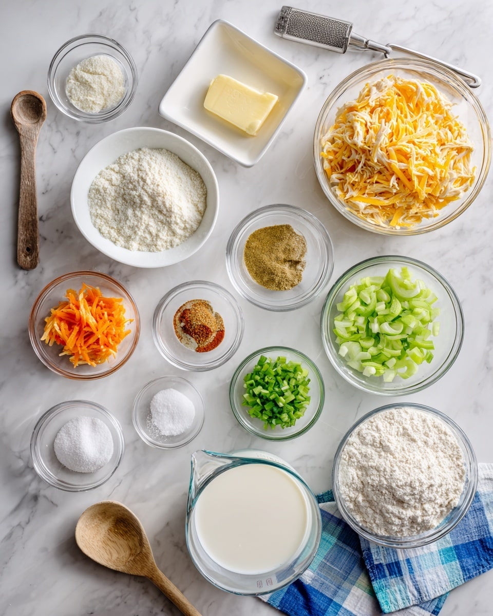 The image shows an overhead view of many white bowls and glass measuring cups with different ingredients arranged on a white marbled surface. At the center, a white bowl is filled with shredded chicken, surrounded clockwise by a white bowl with 4 tablespoons of butter, a glass bowl with 2 cups of Bisquick, a small white dish with 2 teaspoons of garlic powder, another small white dish with 1 teaspoon onion powder, a small dish of 2 teaspoons Italian seasoning, a glass bowl with melted butter on a blue and white checkered cloth, a wooden spoon on the cloth, a glass pitcher with 8 cups of water, a small bowl of chopped green celery, and a small bowl holding 2 chopped onions. Above the shredded chicken bowl, there's a square white dish holding 4 tablespoons bouillon powder, and next to it, a small dish with ½ cup flour. To the left, there’s a white bowl with small pieces of 4 chopped carrots and a tiny glass dish with 2 teaspoons salt. At the upper left corner, a glass measuring cup holds 2/3 cup milk. A metal kitchen tool is at the top right. All containers have clear labels identifying the ingredients. Photo taken with an iphone --ar 4:5 --v 7