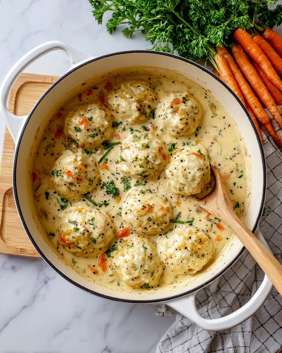 A white pot filled with a thick light beige stew that has eleven round dumplings floating in it. The dumplings are creamy colored with a slightly bumpy texture and small black specks seasoning them. Scattered around the dumplings are small pieces of orange carrot and bits of green herbs. The stew looks smooth and rich with some herbs sprinkled on top. A wooden spoon is resting inside the pot. The pot sits on a light wooden board placed on a white marbled surface. To the side, fresh orange carrots with green tops and bunches of green parsley rest on a white and black checkered cloth. Photo taken with an iphone --ar 4:5 --v 7
