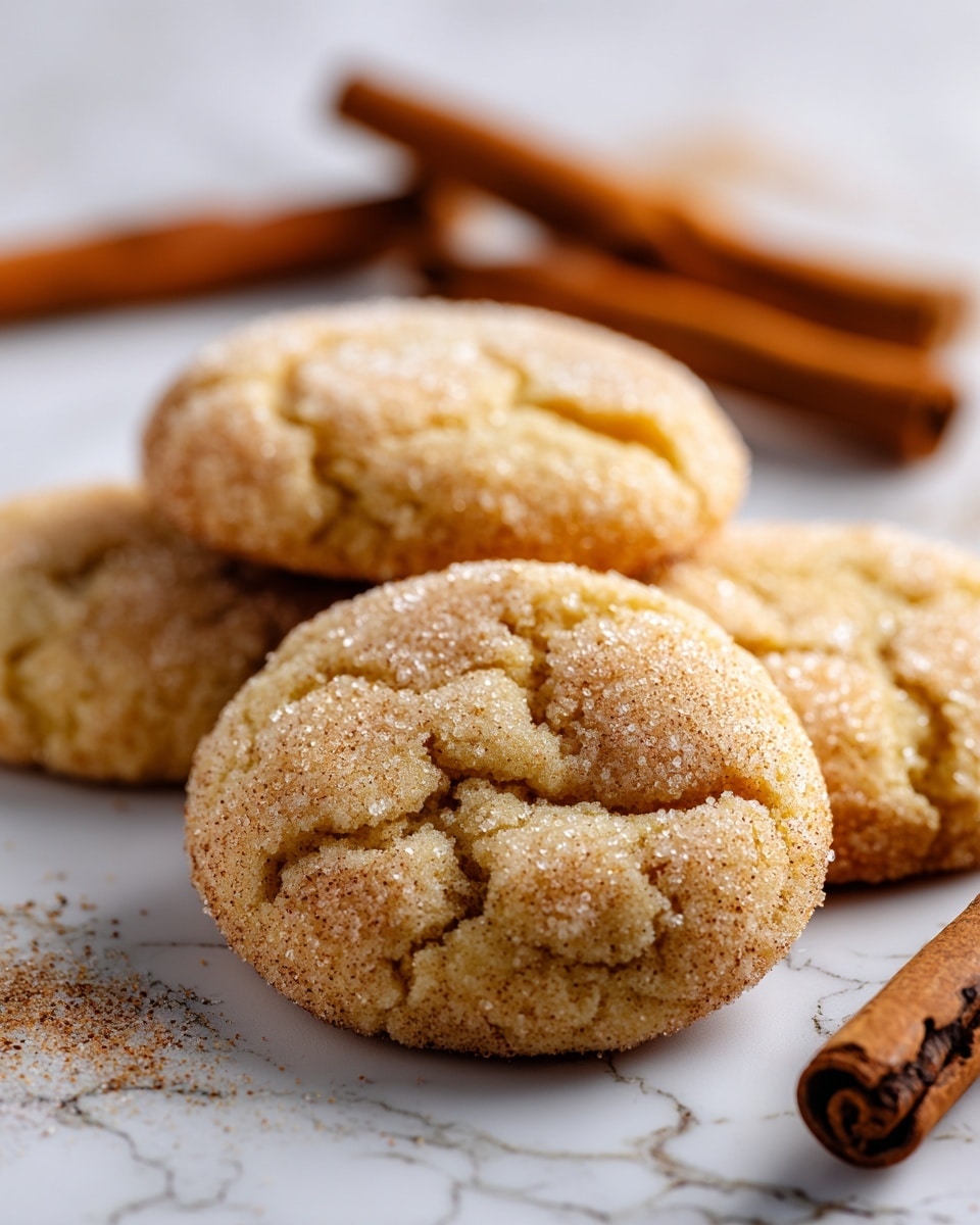 A close-up of several golden brown cookies with cracked tops and a sugar-coated texture, resting directly on a white marbled surface with some rustic cracks and chips. The cookies are round and look soft and crumbly, showing a slightly rough texture from the sugar crystals. In the background, blurred cinnamon sticks add a warm, cozy touch with their dark brown color. photo taken with an iphone --ar 4:5 --v 7