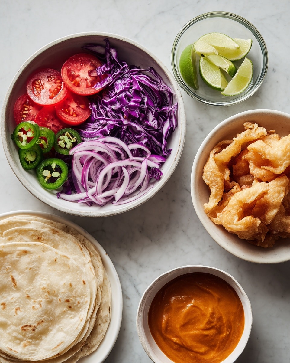 The image shows a round white bowl filled with layers of thinly sliced purple cabbage, red onion rings, small red tomato halves, and green jalapeño slices, creating a colorful mix with purple, red, and green tones. To its right is a small clear glass bowl holding thick lime wedges with light green skin and pale green flesh. Below that is a white bowl filled with golden-brown crispy fried pieces stacked together. To the left is a neat stack of off-white soft tortillas placed on a white plate. At the bottom right, there is a small white bowl containing smooth, thick orange sauce. All the dishes sit on a white marbled surface. photo taken with an iphone --ar 4:5 --v 7