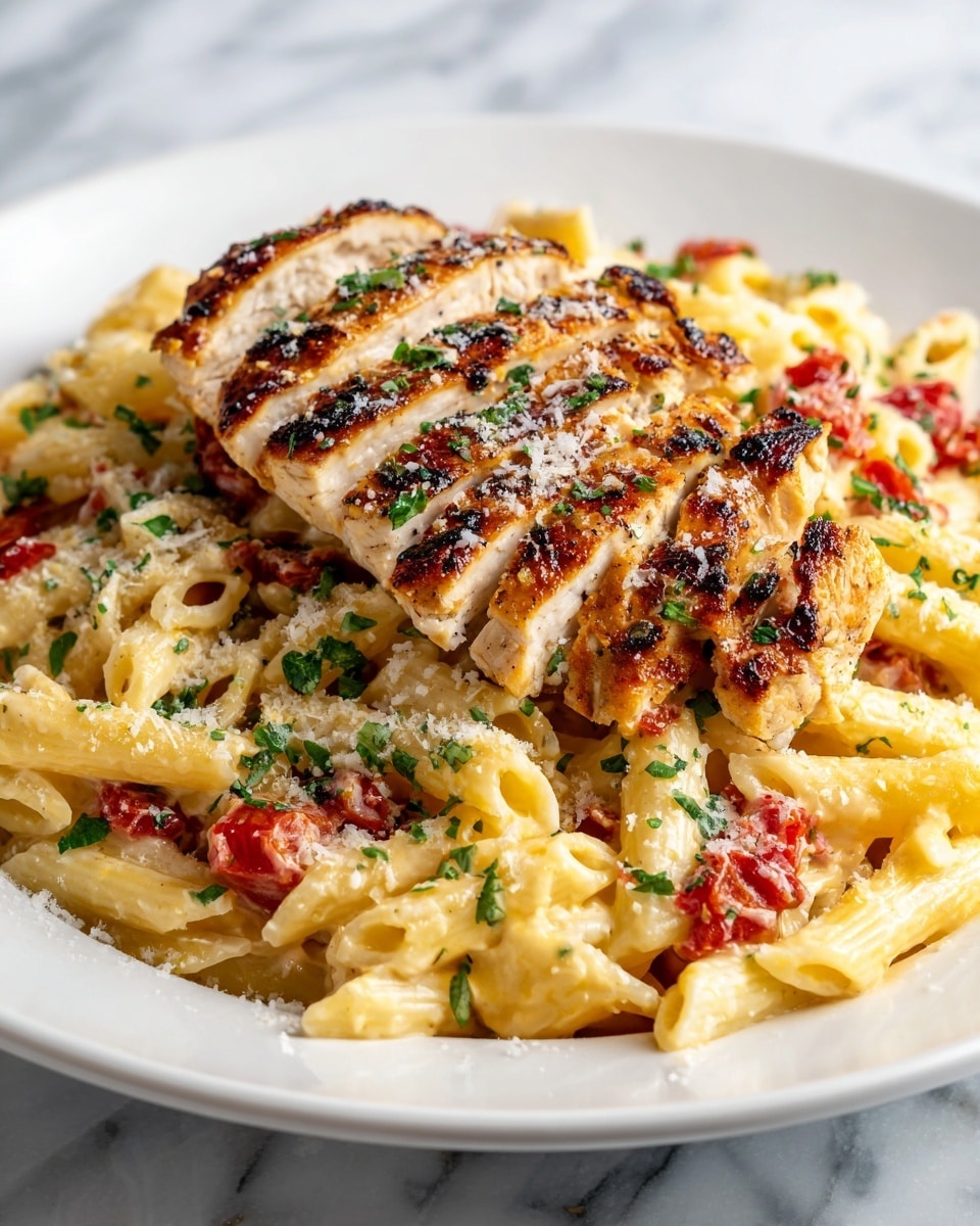 The image shows a close-up of a white plate filled with creamy penne pasta mixed with small pieces of red tomato and sprinkled with green herbs. On top of the pasta are two pieces of grilled chicken, sliced into strips. The chicken has a golden brown color with some darker grilled marks, adding texture and contrast. Some grated cheese is sprinkled lightly over the chicken and pasta, enhancing the dish’s look. The background is a white marbled texture. photo taken with an iphone --ar 4:5 --v 7