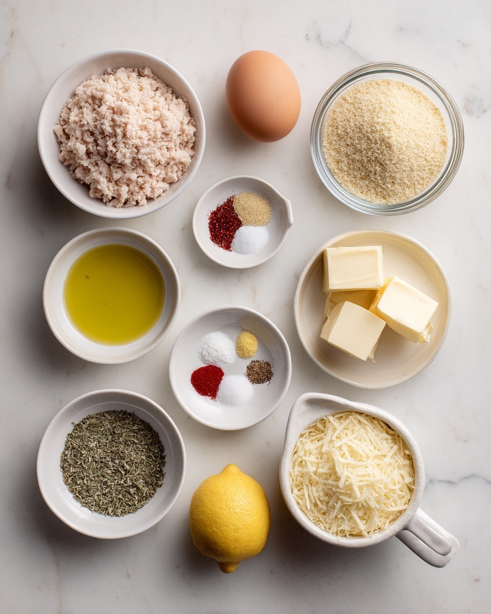 The image shows a top view of nine ingredients arranged on a white marbled surface. At the top left, there is a white bowl filled with light pink ground chicken. To its right, a clear glass bowl holds tan breadcrumbs. Below these, a smooth brown large egg rests alone. To the left of the egg, a small white bowl contains pale yellow olive oil. Below the olive oil, a tiny clear bowl has green dried oregano. At the bottom right, a white cup with a handle is filled with grated pale yellow parmesan cheese. Next to it is a white bowl holding three rectangular pieces of pale yellow butter. Above the butter, a white bowl contains small piles of different spices and seasonings: white sea salt, black pepper, red pepper flakes, yellow lemon zest, and pale garlic paste. Near the bottom left, a small clear bowl holds three garlic cloves. Next to that is a halved lemon showing bright yellow flesh. The image is clean, simple, and bright, with no clutter photo taken with an iphone --ar 4:5 --v 7