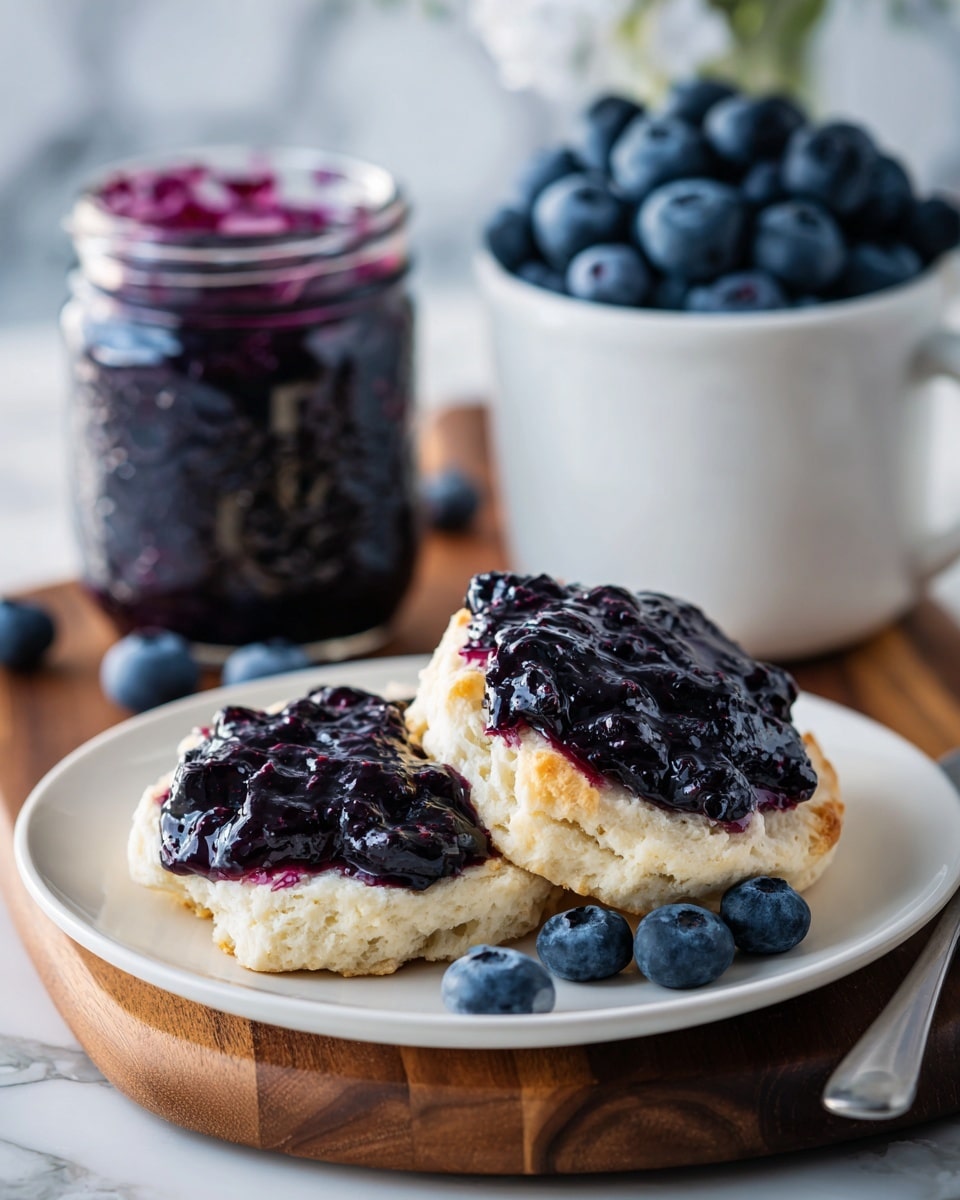 A white plate holds a biscuit sliced in half, each half topped with a layer of dark purple blueberry jam with visible whole blueberries, creating a shiny, textured surface. Behind the plate, there is a white ceramic container filled with fresh, dark blue blueberries, and a glass jar with more jam shown on the left side. All items rest on a wooden board with a white marbled background slightly visible in the upper-left corner. photo taken with an iphone --ar 4:5 --v 7