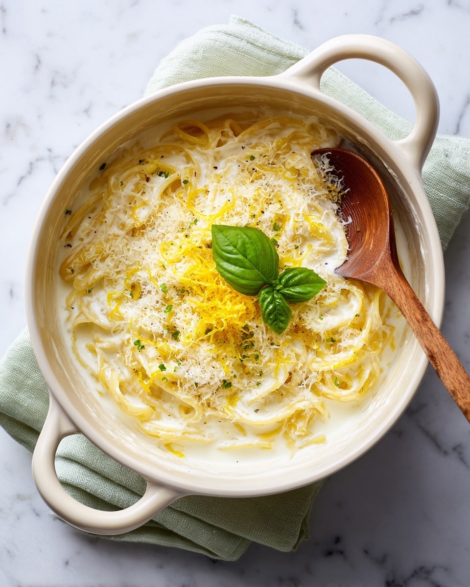 A white round pot with two handles filled with creamy pasta, showing one layer of soft golden pasta pieces mixed well in a thick, smooth white sauce. On top, there is a layer of finely grated pale cheese sprinkled around, a small mound of bright yellow lemon zest in the center, and a fresh green basil leaf placed over the lemon zest. A wooden spoon with a long handle rests inside the pot on the right side, partially covered with sauce. The pot sits on a light green cloth over a white marbled surface with a faint pattern visible in the corner. Photo taken with an iphone --ar 4:5 --v 7