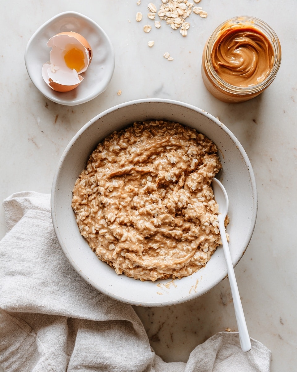 A white bowl sits on a white marbled surface, filled with a thick oatmeal mixture that is light brown with visible oats throughout, and a white mixing spoon resting in it. To the top right, there is an open jar filled with smooth, orange peanut butter. Below the jar, a small white dish holds a white eggshell broken unevenly. A white cloth napkin is partially under the bowl, adding softness to the setting. The lighting is bright and natural, making the textures and colors clear and fresh. Photo taken with an iphone --ar 4:5 --v 7