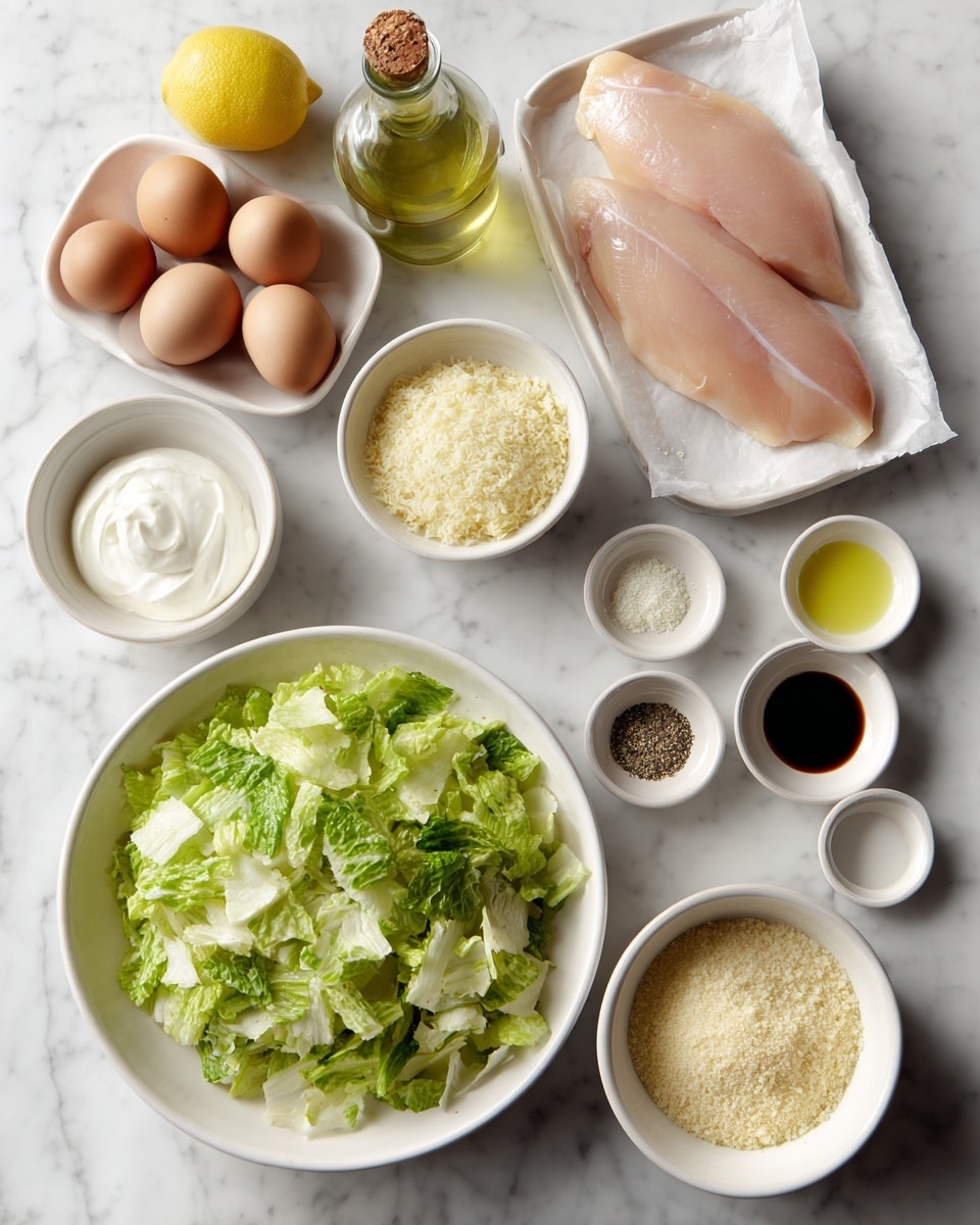 A top view shows a white marbled surface covered with small white dishes and a few larger white bowls. The largest bowl on the bottom left is filled with chopped green romaine lettuce. To the top right of this bowl is a medium white bowl with pale yellow breadcrumbs. Above the breadcrumbs, a white dish holds two large raw pale pink chicken fillets on parchment paper. Around these main bowls, there are small white dishes containing white Greek yogurt, minced garlic, pale yellow Dijon mustard, dark brown soy sauce, salt and black pepper, and light yellow grated parmesan cheese. A white tray holds three brown eggs. Near the top left, a halved lemon and a small bottle of greenish-yellow avocado oil complete the arrangement. photo taken with an iphone --ar 4:5 --v 7