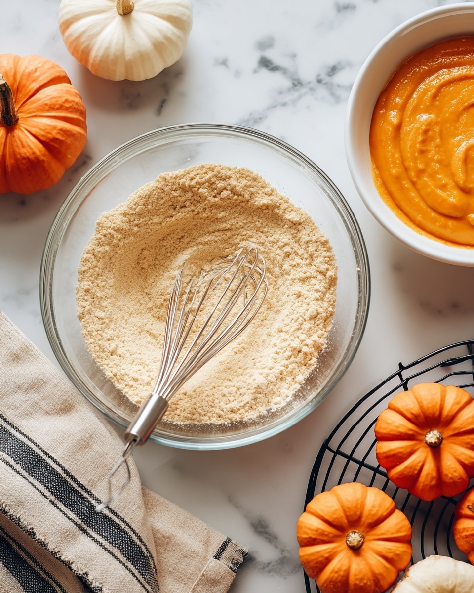 A clear glass bowl centered on a white marbled surface holds a dry light beige mixture with a soft powder texture, and a metal whisk resting inside it. To the upper right, a white bowl contains a smooth orange puree. Around the bowls are small orange and white pumpkins scattered on the white marbled surface. A beige cloth with black stripes is placed near the bottom right, close to a black round wire cooling rack holding an orange pumpkin. Photo taken with an iphone --ar 4:5 --v 7