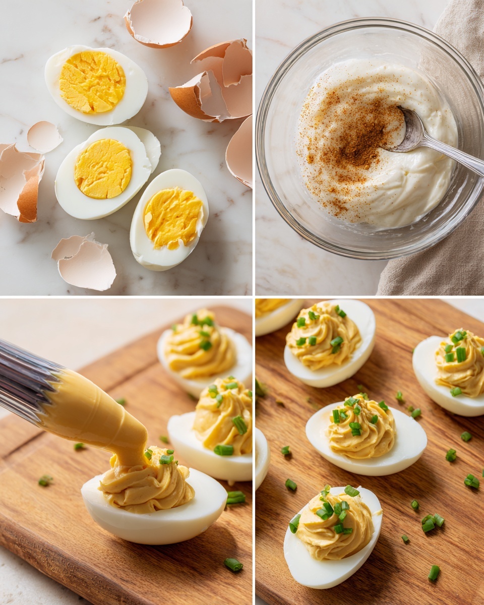 The image shows four steps of making deviled eggs on a white marbled surface with a wooden cutting board. The first step has four hard boiled eggs cut in half with bright yellow yolks exposed and some cracked eggshells nearby. In the second step, the yolks are placed in a clear glass bowl with white mayonnaise, grainy brown mustard, and pepper on top, with a silver fork resting inside. The third step shows a close-up of a piping bag filled with a smooth, creamy yellow yolk mixture being squeezed into the hollow of a halved egg on the wooden cutting board. The final step displays several deviled egg halves neatly filled with the piped yellow yolk mixture, garnished with small pieces of green chives scattered on the board. Photo taken with an iphone --ar 4:5 --v 7