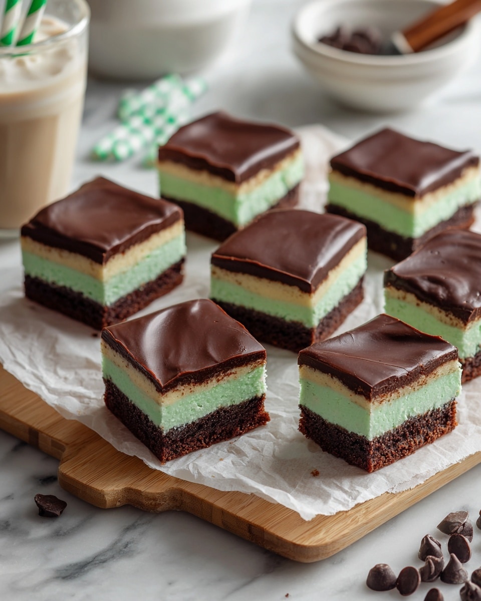 The image shows nine square dessert bars arranged on white parchment paper over a light wooden board, placed on a white marbled surface. Each bar has three visible layers: a bottom dark brown soft cake layer, a middle light green creamy mint layer, and a top smooth dark brown chocolate layer with a slightly shiny texture. Two bars are turned on their sides showing the layered cross-section clearly. In the background, there are parts of a white cup with green-striped straws, a white bowl with a knife covered in chocolate, and some scattered chocolate chips. photo taken with an iphone --ar 4:5 --v 7
