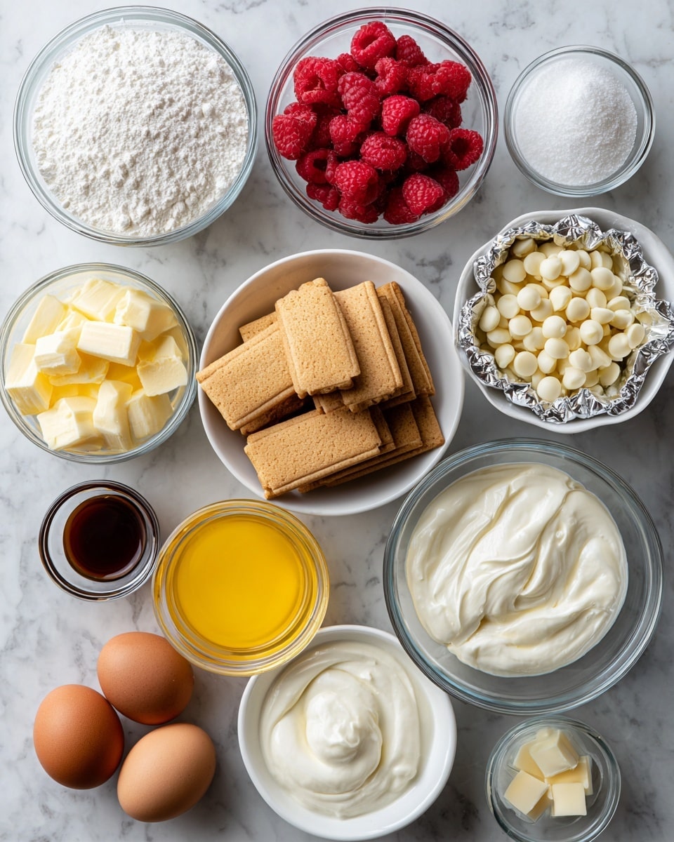 The image shows several clear glass bowls and two silver-wrapped blocks of cream cheese arranged on a white marbled surface. In the center is a bowl filled with light brown Nilla wafer cookies. Surrounding it are smaller bowls: one with white sugar, one with white heavy cream, one with bright red raspberries in a white bowl, one with small white chocolate chips, one with clear butter, one with lemon curd that is yellow and smooth, one with sour cream that is white and creamy, and one with a small amount of brown vanilla extract in a glass. At the bottom left, there are two whole brown eggs. All ingredients are neatly spaced out, with clear labels in black text above or beside each item. Photo taken with an iphone --ar 4:5 --v 7