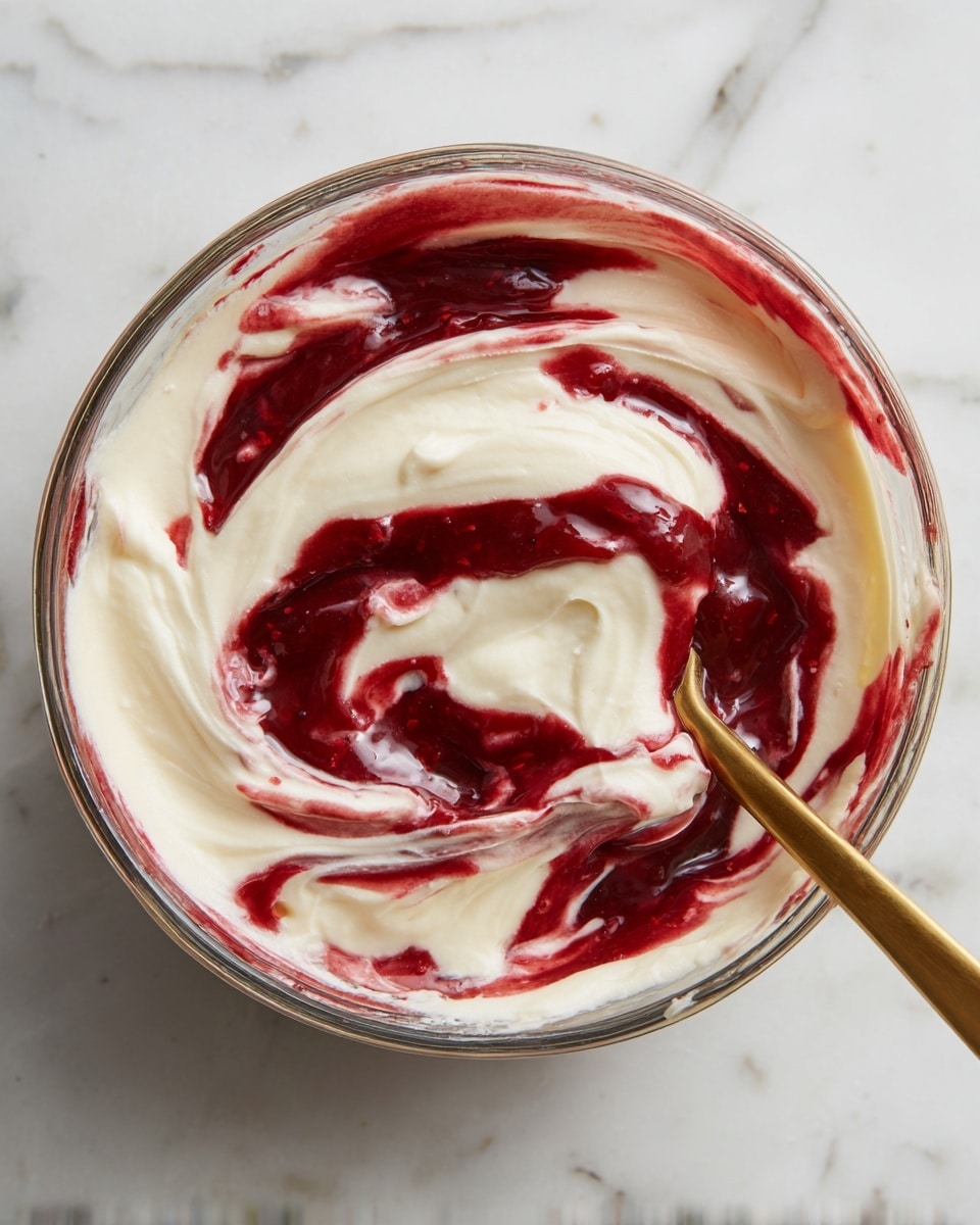 A clear glass bowl holds a mix of creamy white and deep red layers swirled together. The white layer is thick and whipped with a smooth texture, while the red layer resembles a rich, glossy berry sauce, partially blended in a marbled pattern. A gold spoon stands in the bowl, resting on the bottom edge, partly covered with the mixture. The bowl sits on a white marbled surface, with hints of the creamy and red layers smeared along its inner sides. photo taken with an iphone --ar 4:5 --v 7