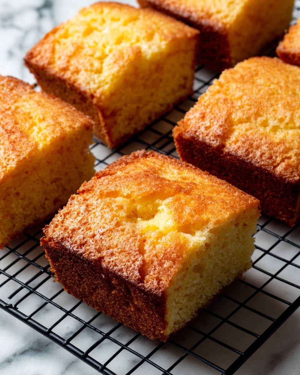 The image shows several square-shaped golden brown cakes with a soft, fluffy texture and cracked tops, sitting on a black wire cooling rack placed on a white marbled surface. Each cake has a slightly raised center with a light yellow inside visible through the cracks. The cakes are evenly spaced, and the overall scene looks warm and fresh, suggesting a just-baked feel. photo taken with an iphone --ar 4:5 --v 7