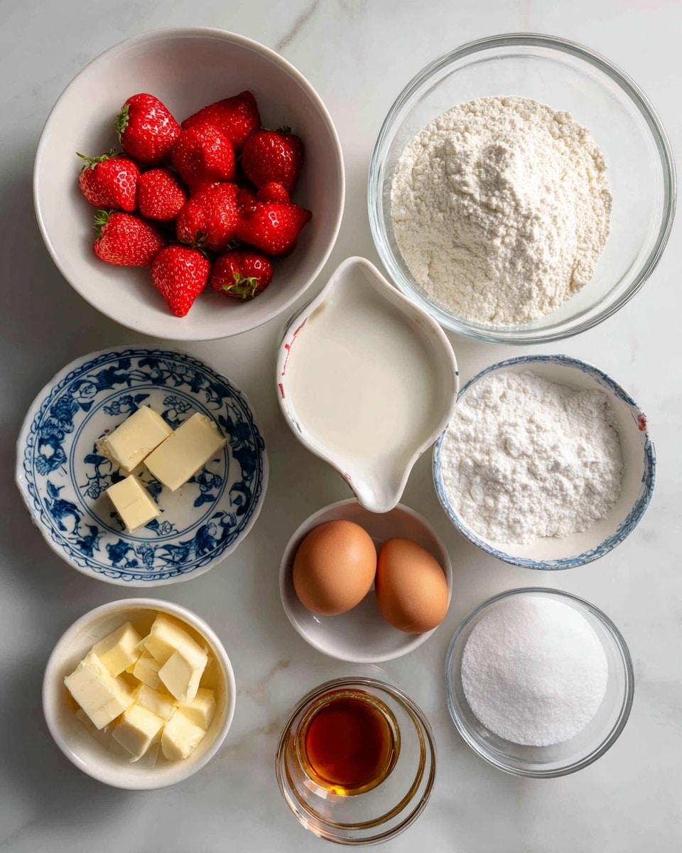 The image shows several bowls and a small plate on a white marbled surface, each with different baking ingredients. There is a white bowl filled with halved red strawberries in the top left, next to a clear glass bowl with white flour in the top right. Below the strawberries, a white measuring cup holds thick white yogurt. In the center, a small bowl with blue patterns contains two brown eggs. To the right of the eggs, a white bowl filled with white sugar is visible. Below the sugar is a small white dish filled with white baking powder. Near the bottom left, a small clear bowl contains cubes of pale yellow butter. Lastly, a small clear bowl of amber vanilla extract sits near the center. Each ingredient is clearly separated, showing distinct colors and textures. photo taken with an iphone --ar 4:5 --v 7