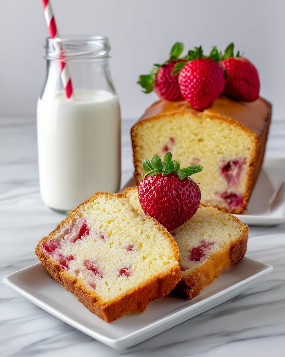 Two thick slices of light yellow cake with pinkish-red strawberry pieces inside sit on a shiny white square plate. On top of the slices, a whole bright red strawberry with a green leafy top rests. Behind the plate, there are three more whole strawberries grouped together on a white marbled surface. To the side, a clear glass bottle filled with white milk has a red-and-white striped straw inside. The background is plain and light-colored. Photo taken with an iphone --ar 4:5 --v 7