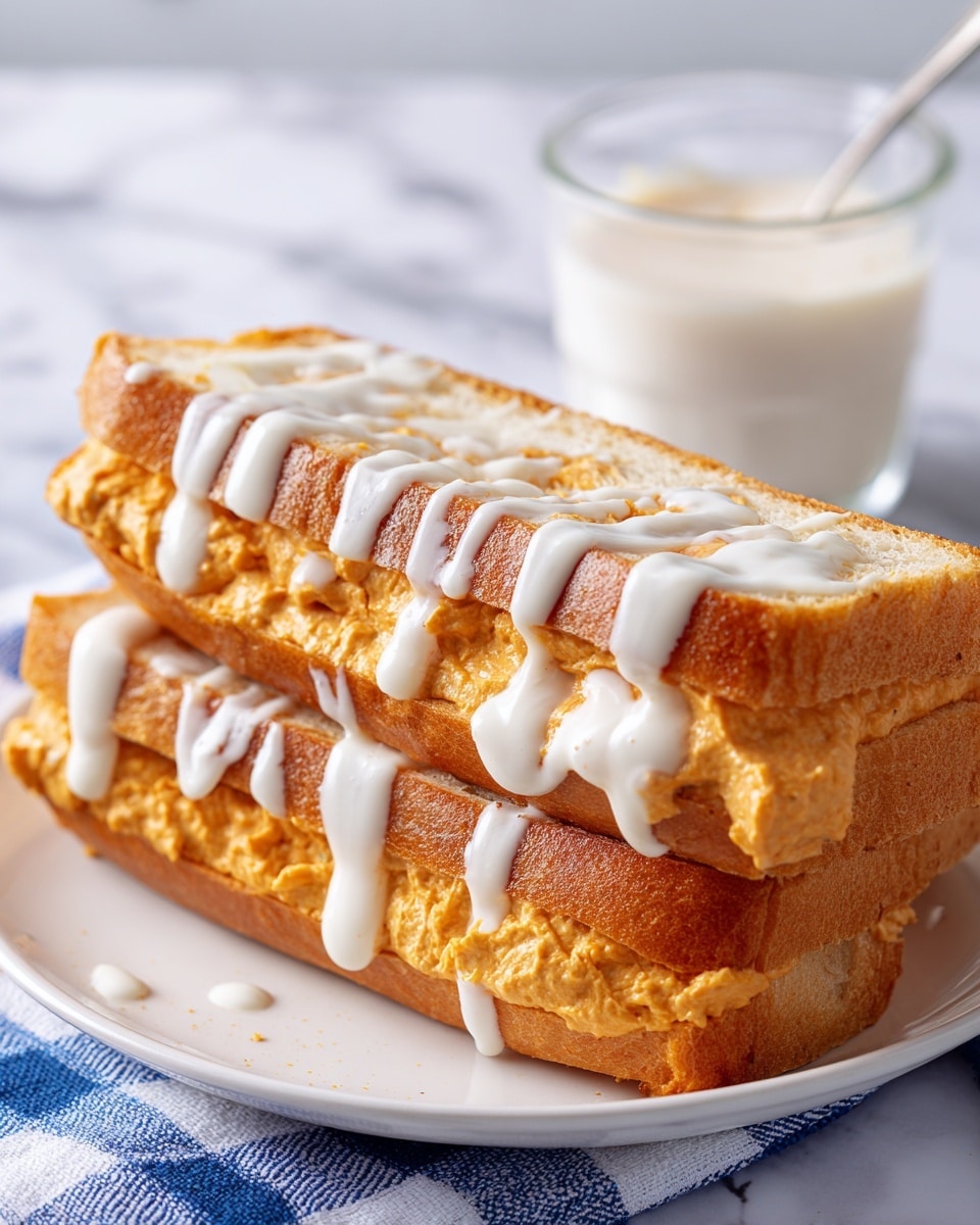 The image shows two sandwiches stacked closely together on a white plate, placed on a white marbled surface. Each sandwich has a golden-brown toasted baguette sliced open horizontally. Inside the bread is a thick layer of bright orange, creamy mixture with a soft and fluffy texture that slightly spills out from the sides. On top of this orange filling, there is a drizzle of smooth, white sauce, adding contrast and shine. In the foreground, part of a small glass bowl with similar white sauce is visible next to a blue and white checkered cloth. The photo was taken with an iphone --ar 4:5 --v 7