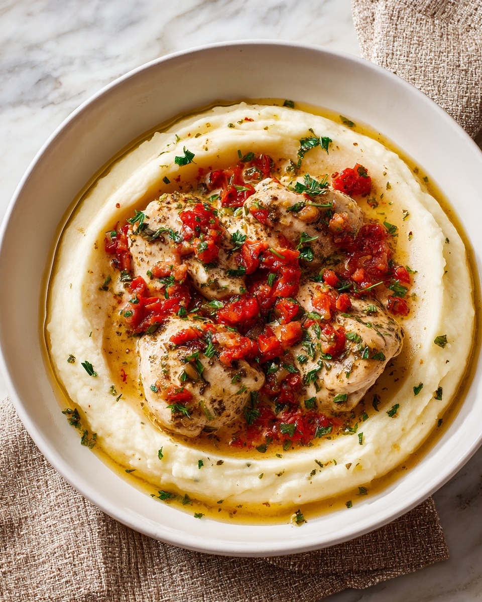 A white bowl holds creamy mashed potatoes spread in a broad ring around the edges, leaving a hollow center filled with three pieces of cooked chicken. The chicken is pale with herbs and spices visible on its surface, topped with chunky red tomato pieces and small green herb leaves scattered over the dish. A slight drizzle of golden oil glistens on the chicken and mashed potatoes. The bowl sits on a white marbled surface with a textured beige cloth nearby. Photo taken with an iphone --ar 4:5 --v 7