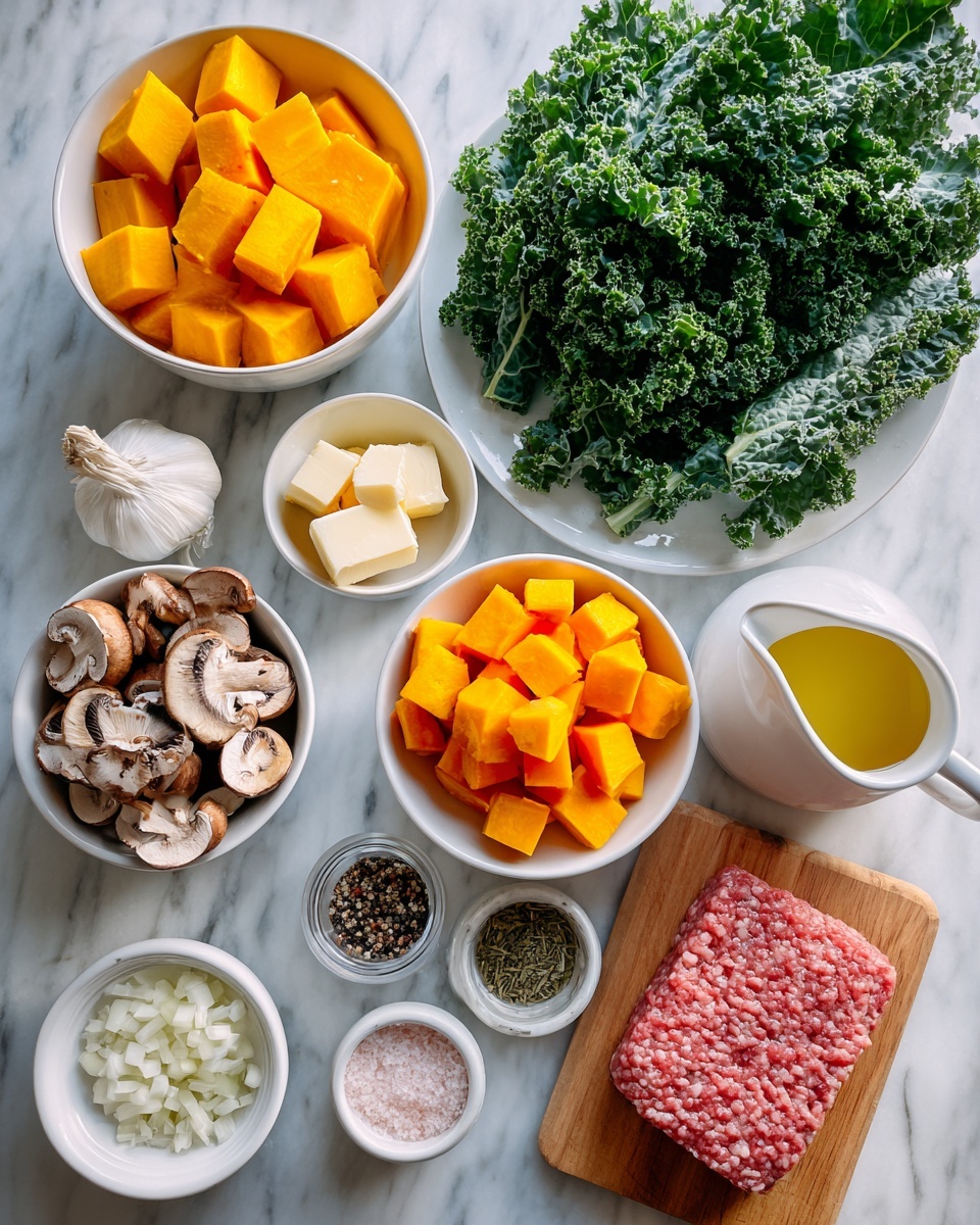 The image shows an overhead view of various cooking ingredients laid out on a white marbled surface. In the top left corner, there is a white bowl filled with bright yellow-orange cubed butternut squash. To the right, leafy green kale sits loosely arranged. Below the kale, a smaller white bowl holds cubed orange sweet potato. Center-left shows a white bowl with chopped white onions next to two small cubes of butter on a small white dish. Near the onions, a whole bulb of garlic is placed. In the bottom left corner, there is a white bowl filled with sliced brown mushrooms. Near the center, three small white containers hold a mix of peppercorns, pink salt, and dried herbs on a wooden board. To the right, a white bowl contains a creamy white liquid, and next to it is a white pitcher with light yellow olive oil. In the bottom right corner, a white plate holds a block of raw ground meat. The arrangement is neat, showing each ingredient clearly with varied shapes, colors, and textures. Photo taken with an iphone --ar 4:5 --v 7