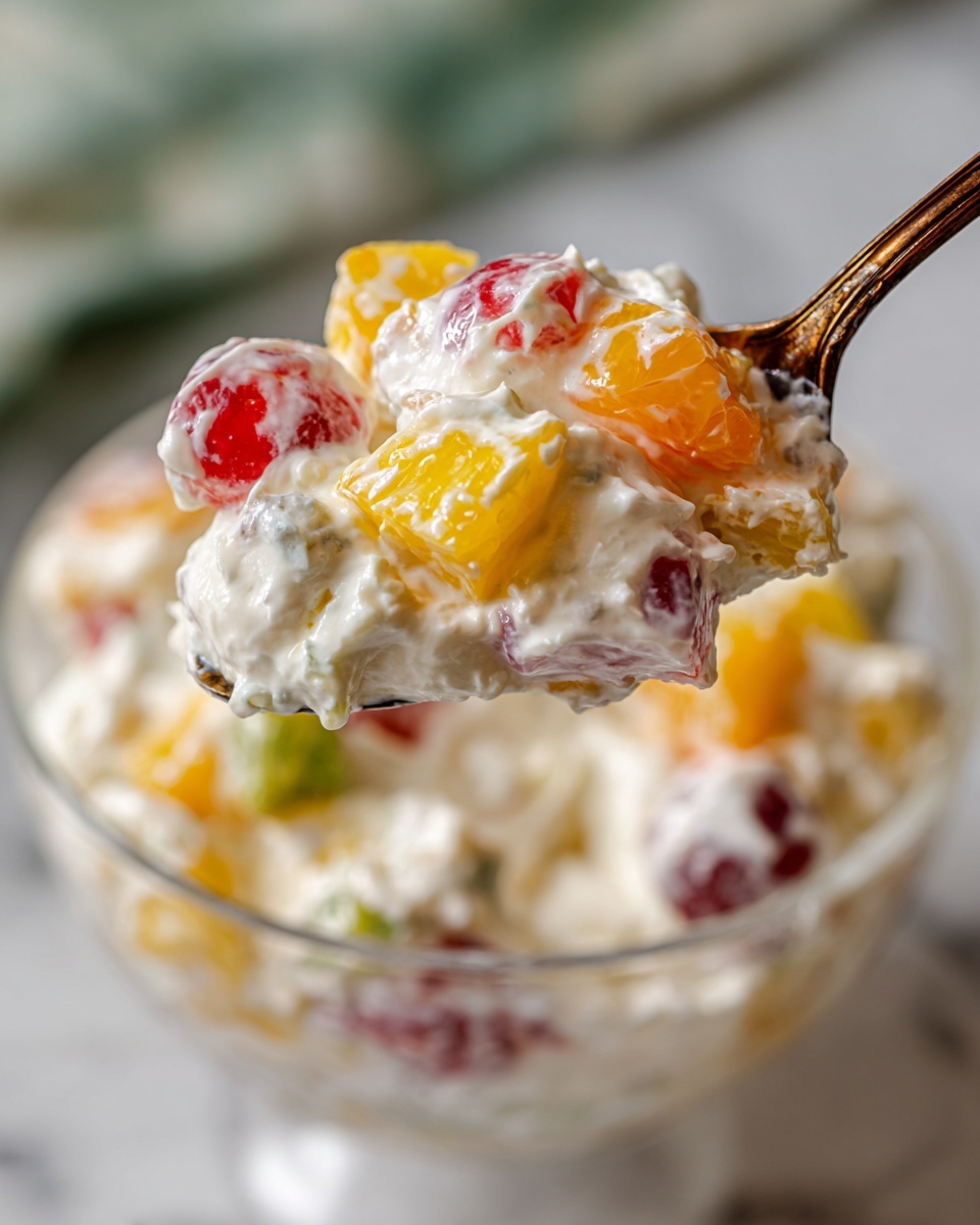 A close-up view of a spoonful of creamy white salad with chunky pieces of bright orange, yellow, and red fruit mixed in, showing soft and fluffy texture. The spoon, dark and aged, holds the thick mix of colors and smooth cream, lifted above a clear glass bowl filled with the same creamy fruit salad. The background is soft and out of focus with hints of green, and the surface beneath the bowl is a white marbled texture photo taken with an iphone --ar 4:5 --v 7