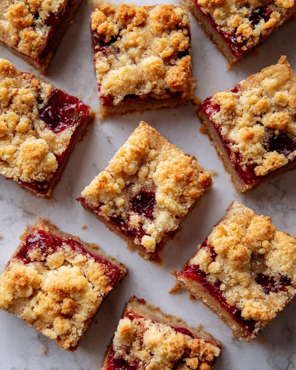This image shows a grid of square-shaped bars with a light golden brown crust on top. The bars have visible dark red fruit filling peeking through cracks on the surface in irregular patches. Each square is roughly the same size, arranged closely together, and the texture looks slightly crumbly on the top with soft fruit spots underneath. The background is a white marbled texture. photo taken with an iphone --ar 4:5 --v 7