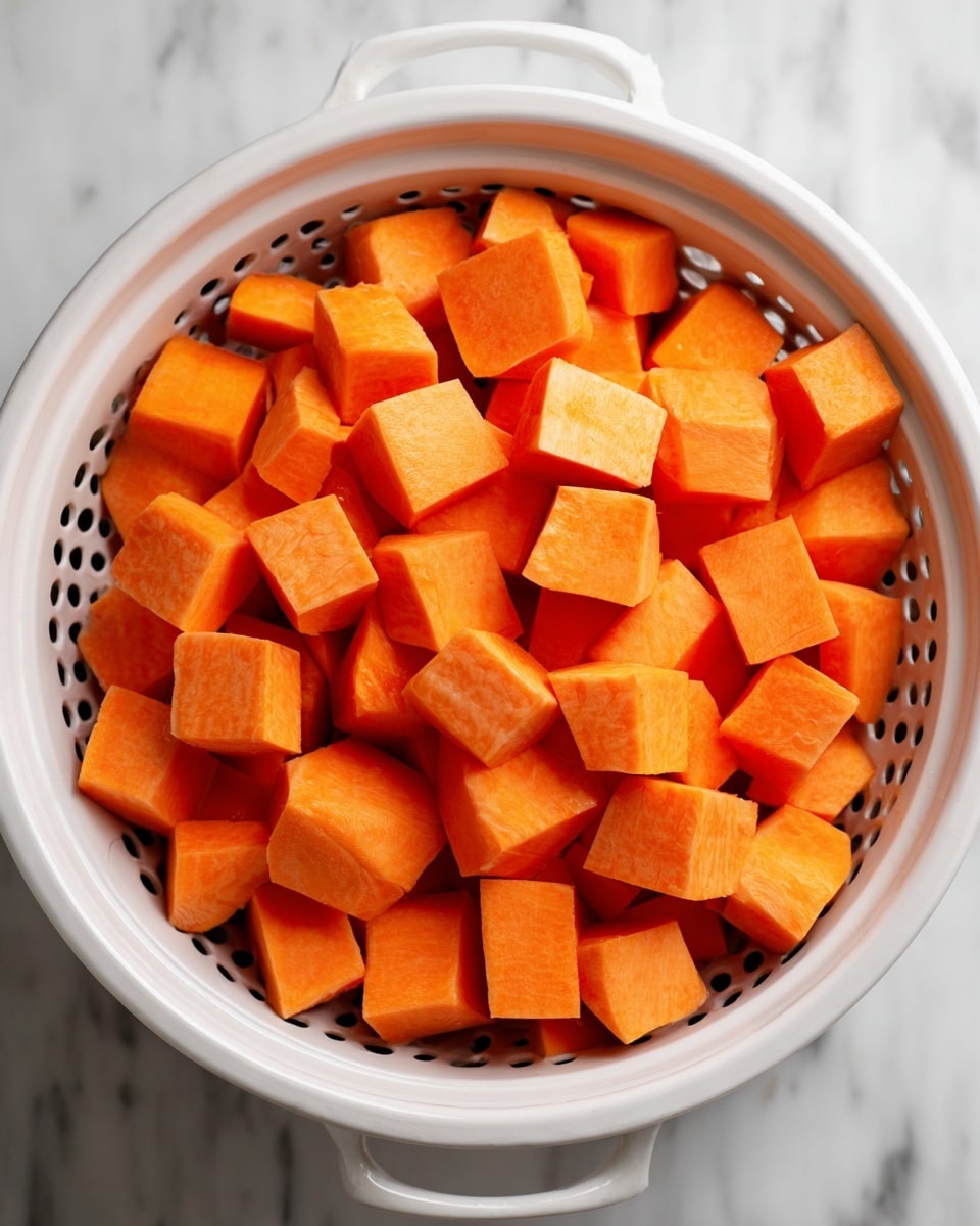 A white steamer basket filled with thick, bright orange sweet potato chunks placed in the center. The sweet potato pieces are roughly similar in size and have a smooth, slightly moist texture. The steamer basket has evenly spaced small holes and sits on a white marbled surface. The photo is close up, showing the rounded edges of the white steamer basket. Photo taken with an iphone --ar 4:5 --v 7