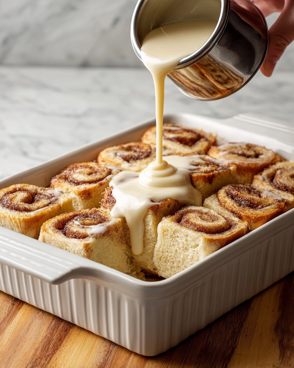 A white baking dish filled with a single layer of square cinnamon swirl bread slices, each slice showing a light brown color with darker cinnamon swirls and a soft texture. A shiny metal bowl held above is pouring a thick cream-colored liquid over the center of the bread layer, with the liquid flowing smoothly and beginning to spread. A woman's hand holds the bowl from the right side of the image. The dish sits on a wooden surface, replaced with a white marbled texture. photo taken with an iphone --ar 4:5 --v 7
