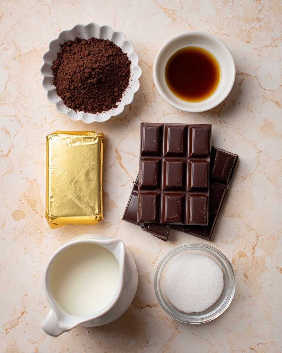 The image shows six main ingredients arranged on a light beige surface with a slightly rough texture. At the top left, there is a small white bowl with a scalloped edge filled with dark brown cocoa powder. To the right of it, a tiny white bowl holds a dark golden syrup. Below them, a partially unwrapped dark chocolate bar with a shiny gold wrapper sits near the center right of the image, showing several divided square pieces. At the center, four rectangular dark brown crackers lie stacked slightly overlapping. Below these, there is a white pitcher filled with white liquid, likely milk. To the lower left, a small white bowl contains a smooth, creamy white substance. Finally, at the bottom right, a small clear bowl holds white granulated sugar. All ingredients are spaced evenly in a loose arrangement on a white marbled textured surface. photo taken with an iphone --ar 4:5 --v 7