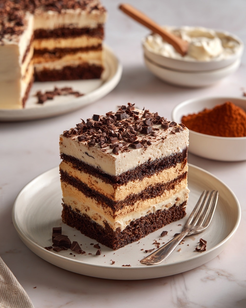 A slice of layered dessert sits on a white plate with a simple fork beside it. The dessert has five visible layers of dark brown cake separated by lighter tan cream layers. The top layer is covered with a thick tan cream and sprinkled with small dark brown chocolate shavings scattered unevenly. In the background, there is another slice of the same dessert on a white plate, partially out of focus. Nearby, there is a small white bowl filled with a reddish brown powder and a wooden spoon resting inside, and behind it, a small white bowl holding some cream and chocolate pieces on a white marbled surface. The overall color tone is warm and inviting, with soft lighting. Photo taken with an iphone --ar 4:5 --v 7