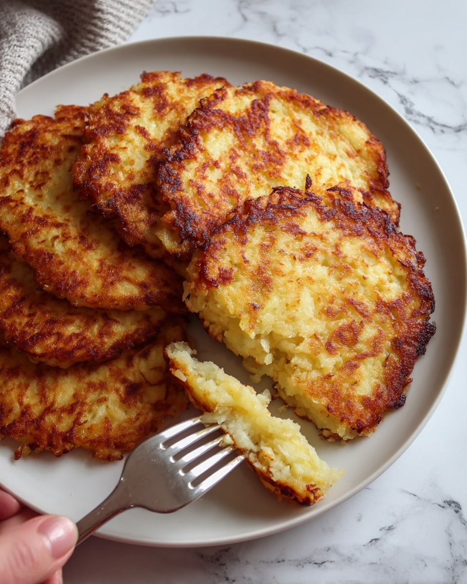 The image shows a close-up of golden brown potato pancakes with a crispy texture. On the left side, three thick pancakes are stacked, each having uneven rough edges and a crunchy, slightly bubbly surface. On the right side, one pancake is placed on a white plate, with a woman's hand holding a fork and a knife cutting it, showing a soft, light inside with small pieces of potato visible. The background has a white marbled texture. photo taken with an iphone --ar 4:5 --v 7