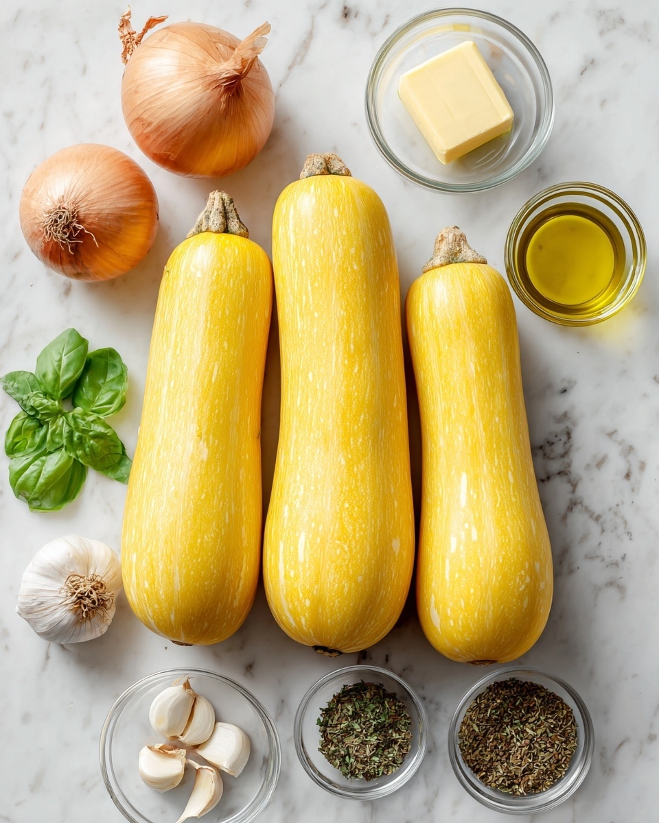 The image shows three long yellow squashes placed next to each other in the center on a white marbled surface. To the top left, there are two peeled onions with light brown skins. Above the squashes, on the right, is a small clear bowl with a square piece of light yellow butter, and next to it another small clear bowl with olive oil that is greenish-yellow. Below the squashes, on the left side, is a small clear bowl with three cloves of garlic and fresh green basil leaves beside it. Below and to the right, two small clear bowls hold dried herbs and a mix of black pepper and salt. Everything is laid out neatly on the white marbled surface. Photo taken with an iphone --ar 4:5 --v 7