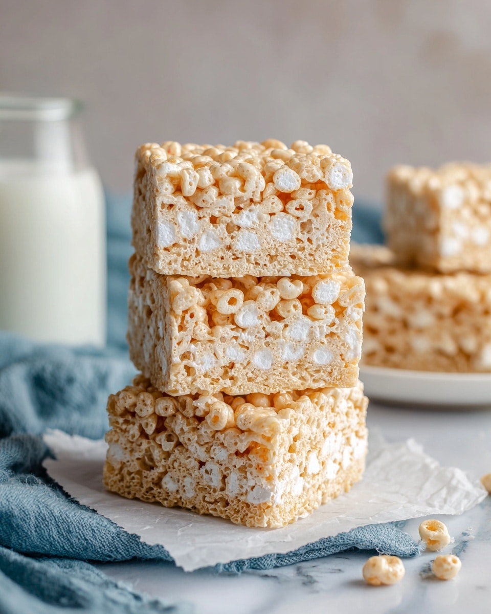 The image shows a stack of three square rice cereal treats with a light golden brown color on the outside and visible white marshmallow pieces inside. Each treat has a textured surface with puffed rice grains clearly visible. The top treat is slightly offset, showing its uneven edges. The treats rest on a piece of white parchment paper on a white marbled surface with a soft blue cloth beneath. In the background, a woman's hand is holding a white plate with more treats, and a glass jar partially filled with milk is visible. photo taken with an iphone --ar 4:5 --v 7