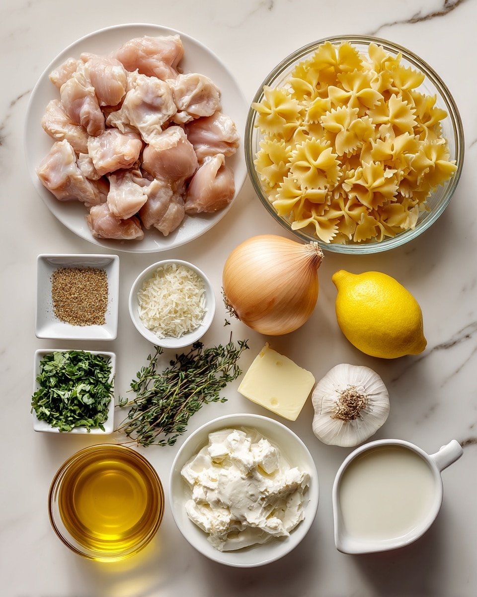 A flat lay of raw cooking ingredients arranged neatly on a white marbled surface, including a pile of pale pink raw chicken pieces on a white plate at the bottom left; next to it, a clear glass bowl full of yellow bowtie pasta on the bottom right. Nearby, a whole yellow lemon sits in the center. Above the lemon, there is a halved white onion with light brown skin. To the right of the onion, three peeled garlic cloves sit in a small white bowl. Next to the garlic is a small square white bowl filled with coarse brown seasoning. Above the seasoning is a small bunch of fresh green thyme sprigs. To the left of the seasoning is a small heap of mixed green fresh herbs, including basil and parsley. Below the herbs, a small round bowl holds creamy white cream cheese. In the center, a small ceramic bowl is filled with off-white parmesan cheese flakes. On the right side, a small white cup contains a pale yellow liquid olive oil, and a similar cup contains white milk. Below the olive oil is a square block of light yellow butter. At the bottom left, a clear glass cup is filled with amber chicken broth. The overall look is fresh and organized, with clear labels identifying each ingredient. Photo taken with an iphone --ar 4:5 --v 7